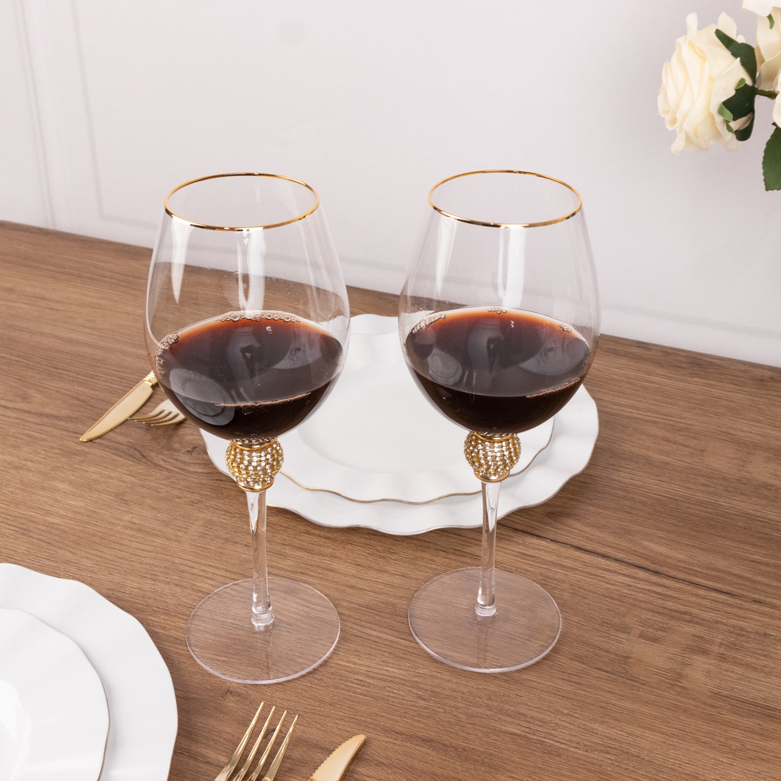 Set of 6 Wine Goblet Glasses Clear Gold Rimmed Design with Rhinestone Studded Stem - Handblown Vintage Crystal Glasses for Cocktails 16oz 10"