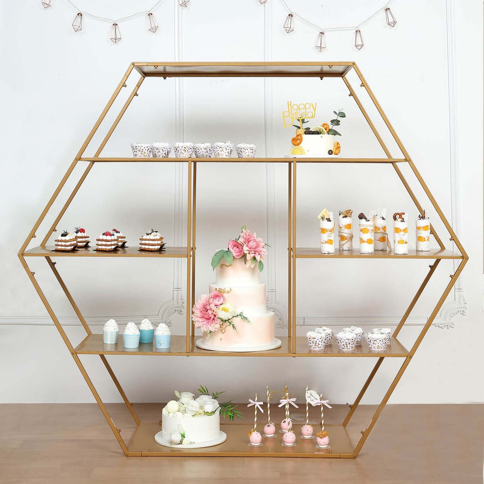 Metal Hexagonal Cake Dessert Display Stand Gold - Large Multi Functional Modern Bookcase Party Backdrop for Balloons Floral Installations & Event Decor 4ft