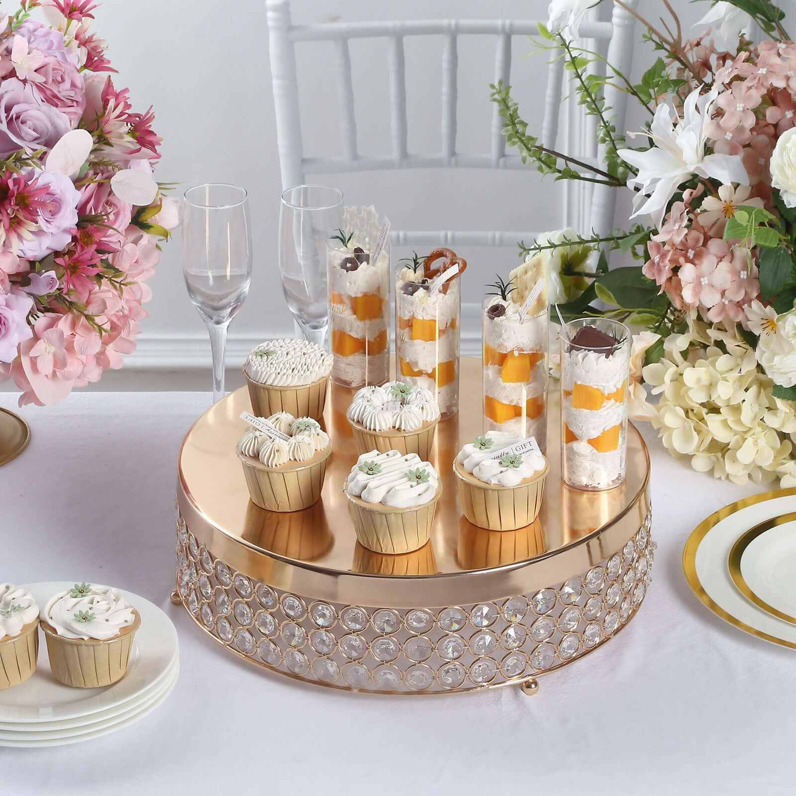 Metal Cake Stand Pedestal Crystal Beaded Design Gold - Cupcake Display and Dessert Riser 13"