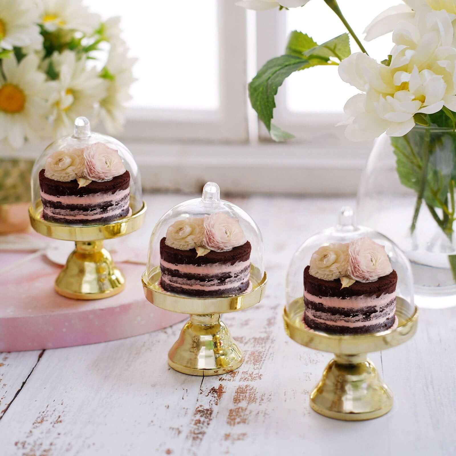 12-Pack Fillable Mini Pedestal Candy Container Clear/Gold - Decorative Candy Treat Favor Boxes with Dome Lid 4"