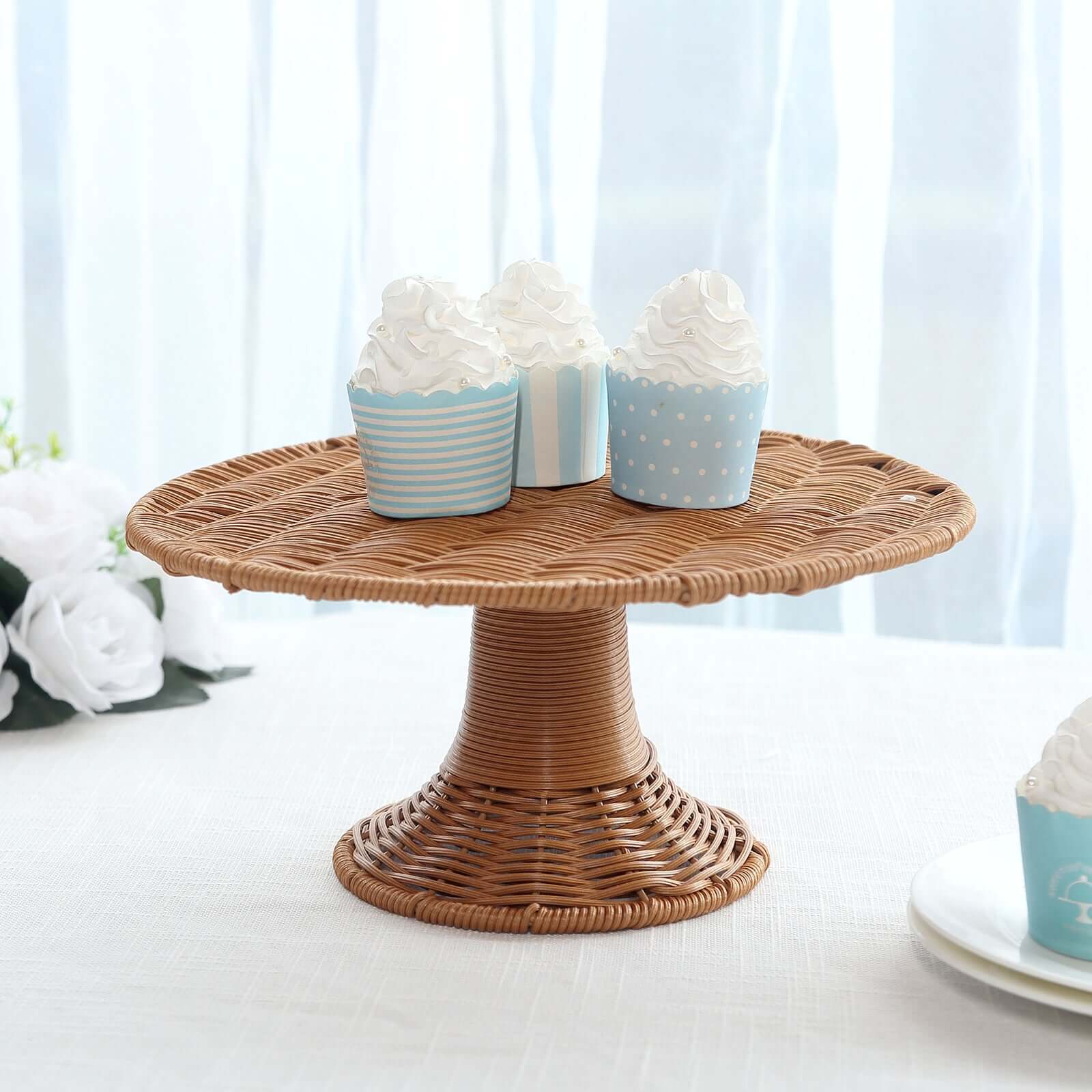 Plastic Round Rattan Wicker Pedestal Cake Stand Natural - Reusable Rustic Cupcake Holder Dessert Table Display Centerpiece for Home Parties & Events 12"