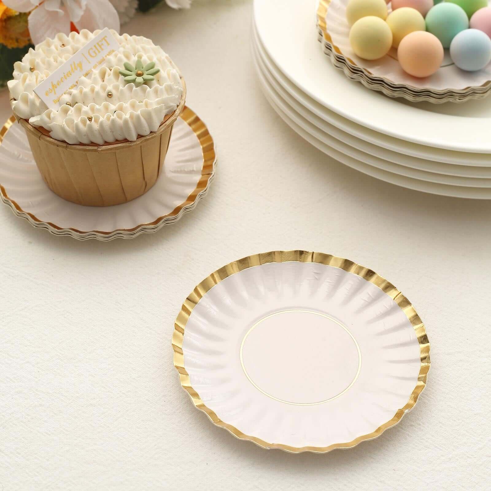 50-Pack Paper 3.5" Round Party Plates in White with Gold Scalloped Rim - Disposable Mini 250GSM Dessert Plates for Tapas, Appetizers & Finger Foods