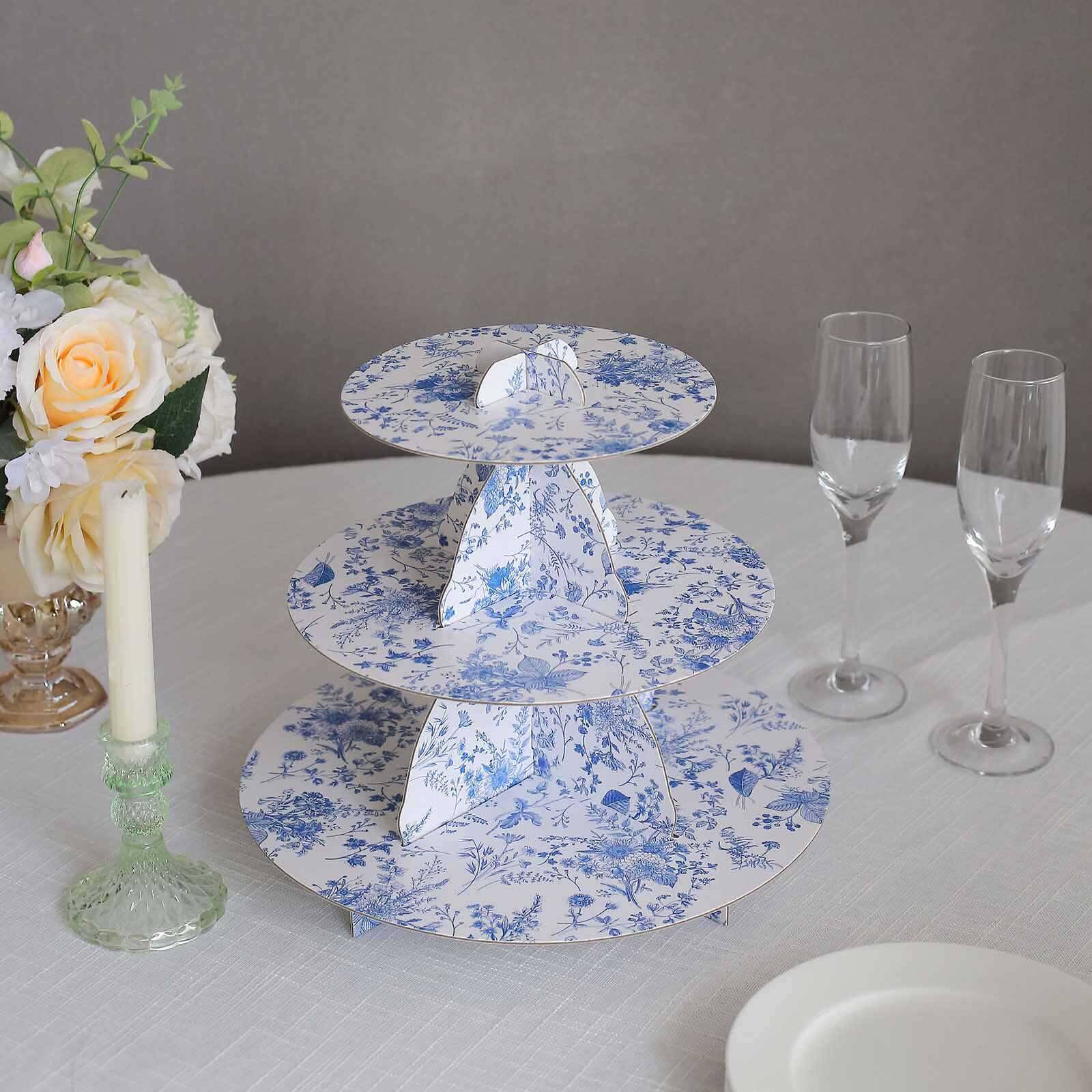 3-Tier Cardboard Cupcake Stand White with Blue French Toile Pattern - Reusable Dessert Display Stand Round Serving Platter for High-Tea Gatherings Weddings & Spring Celebrations 11"