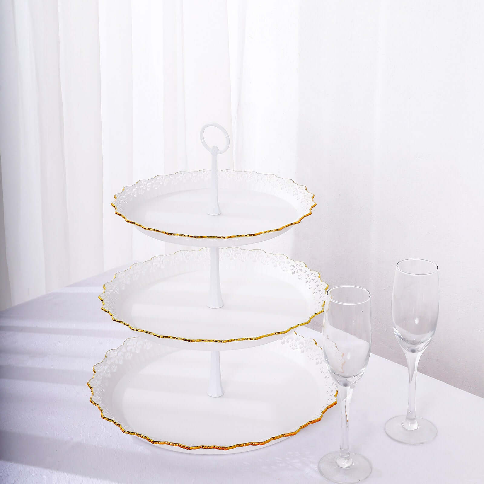 3-Tier Plastic Round Cupcake Stand 15" White with Lace Gold Rim Scalloped Edges - Multifunctional Space Saving Dessert Display Tower Pastry Serving Tray for Classy Events