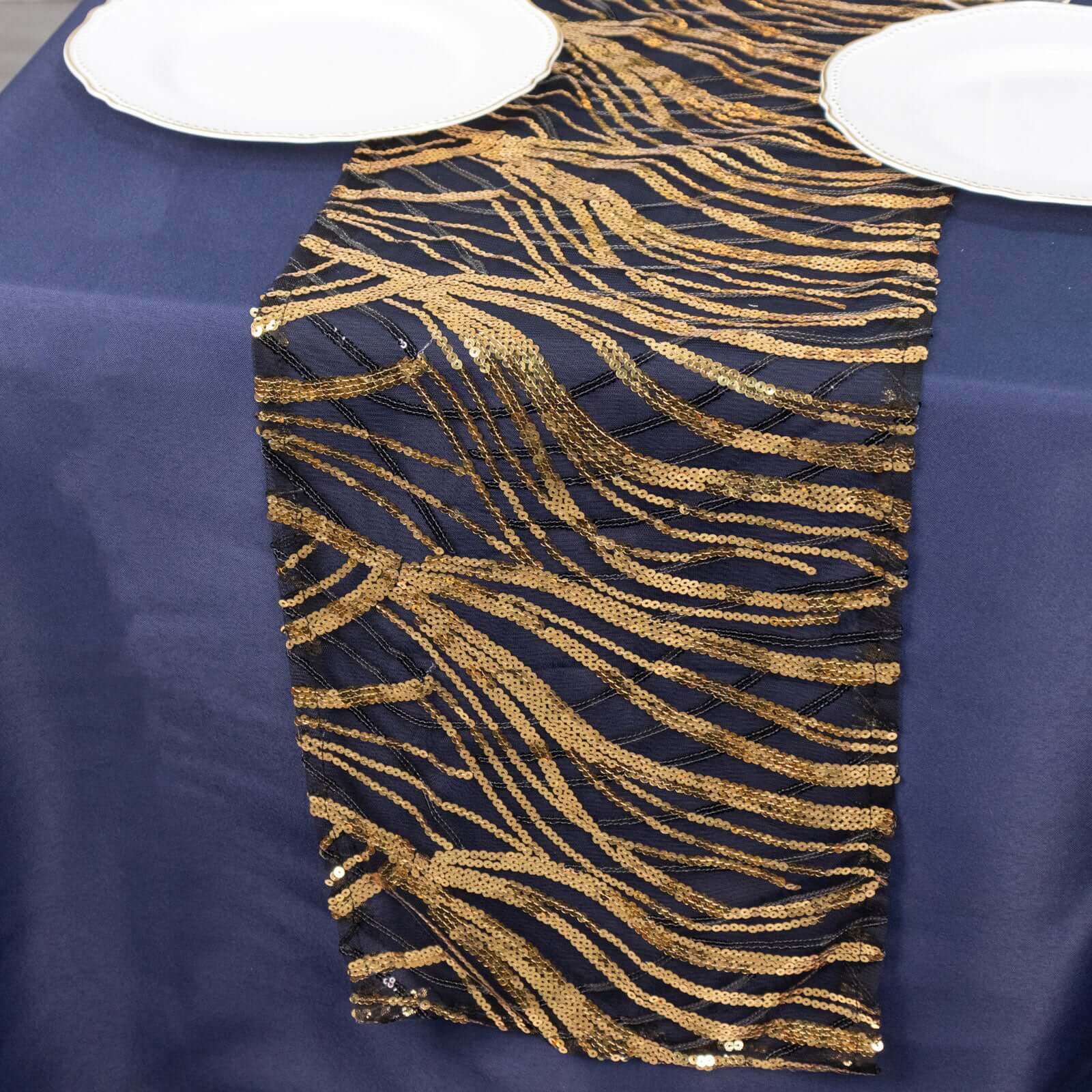Sequin Mesh 12"x108" Table Runner Black Gold Stylish Wave Embroidery