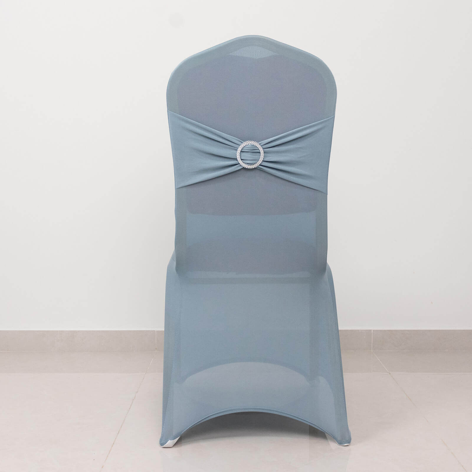 Spandex Chair Cover with Dusty Blue Rhinestone Buckled Sash Band Blush - Stretch Fitted Slipcover