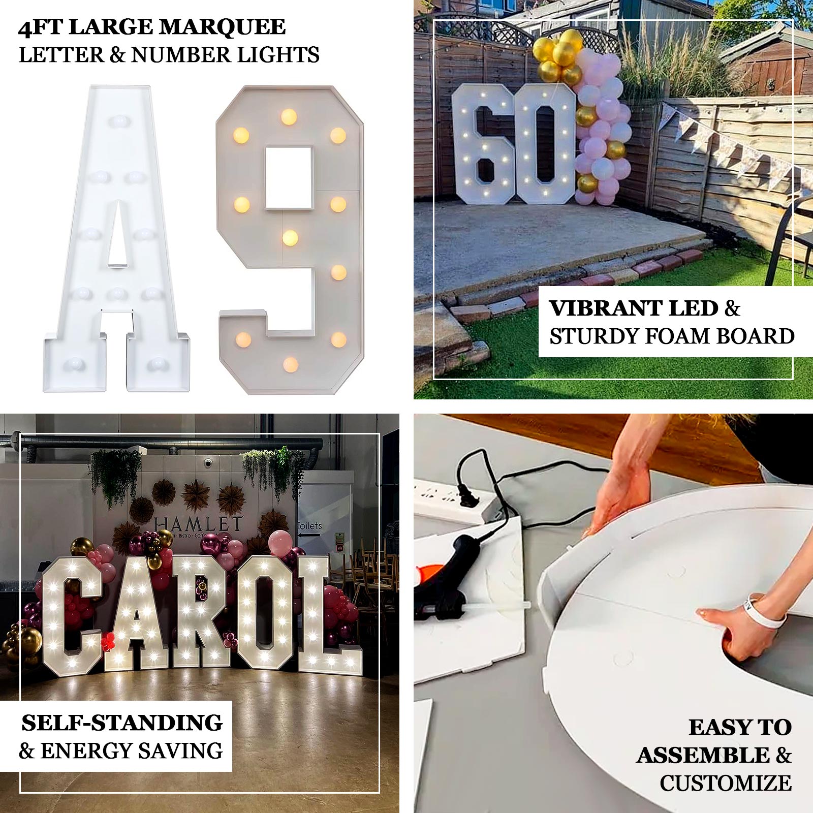 Giant LED Marquee Light Up Number "2", White 4ft Pre-Cut Foam Board with 10 Warm White Battery Operated LEDs, Glue Gun and Sticks