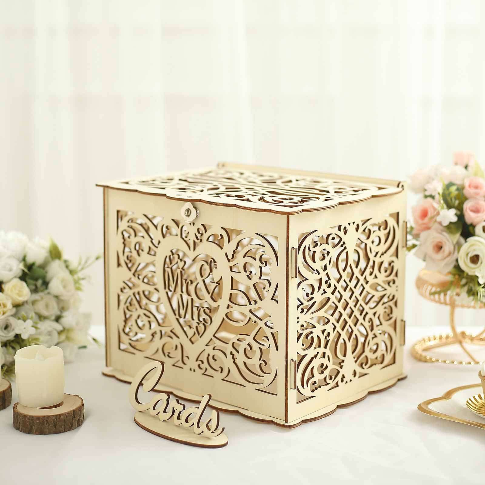 Natural Wooden Laser Cut "Mr. & Mrs." Wedding Card Box With Label, Rustic DIY Hollow Money Box And Stand - 12"x9"