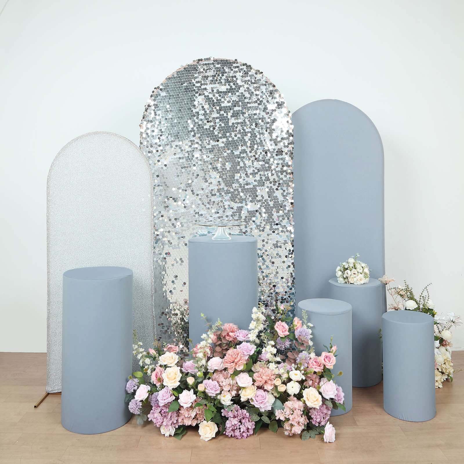 Set of 5 Dusty Blue Spandex Cylinder Pedestal Stand Covers, Stretchable Pillar Prop Covers - 160 GSM