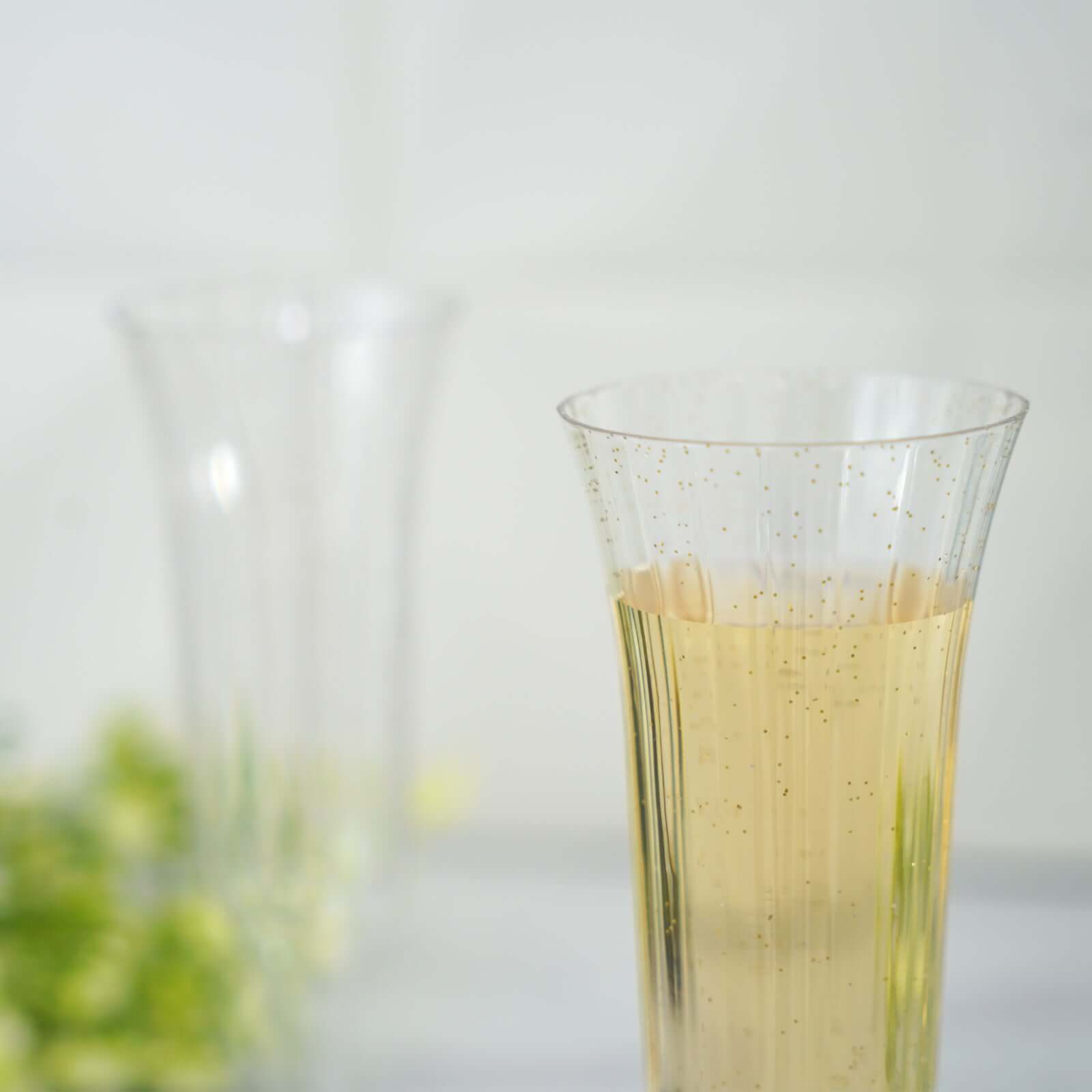 12-Pack Plastic Champagne Flutes Clear/Gold Glitter Flared Design - Lightweight Disposable Toasting Glasses 6oz