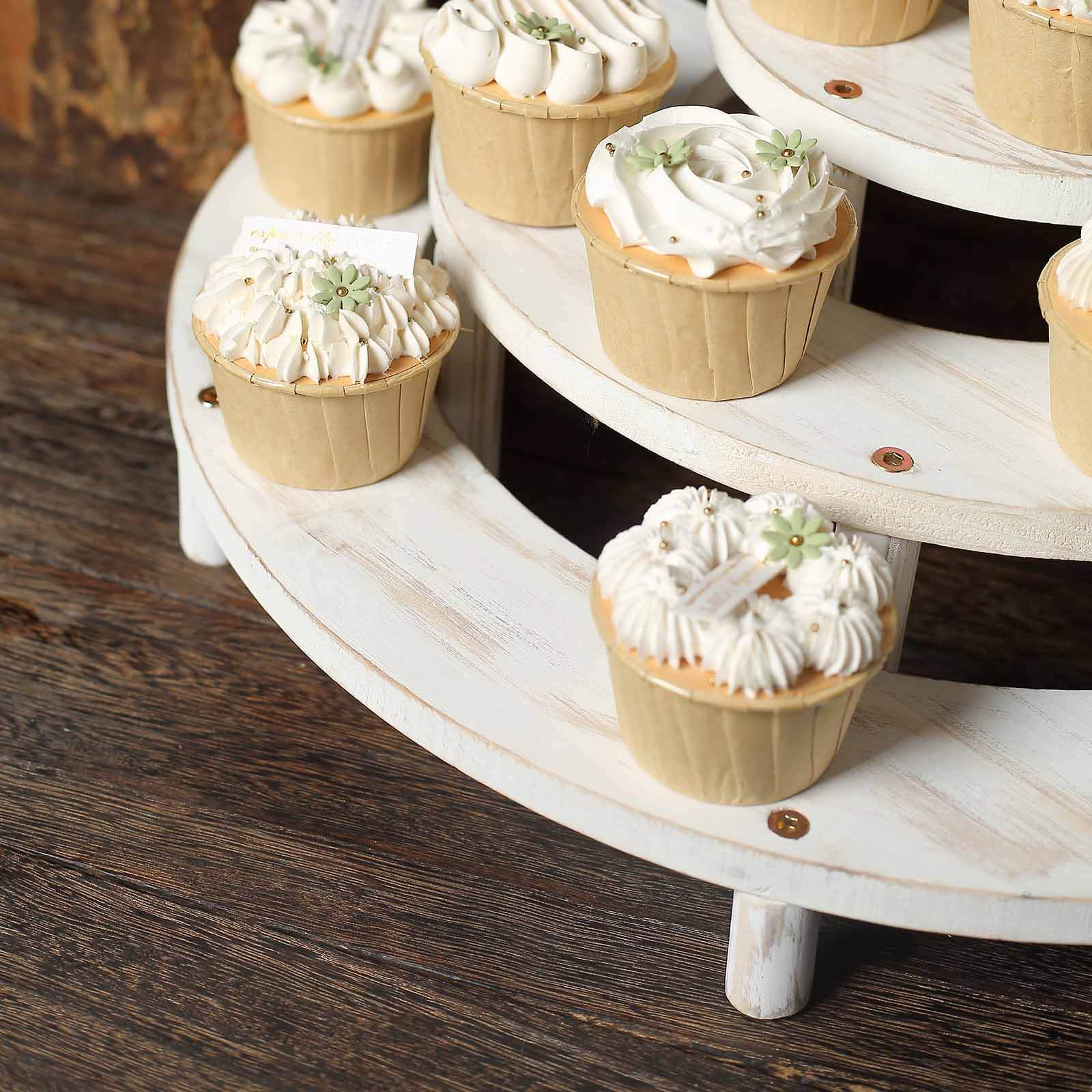 Set of 3 Wooden Dessert Pedestals Rustic Whitewashed 3-Tier Semicircle Design - Half Moon Cupcake Display Risers 7", 13", 18"