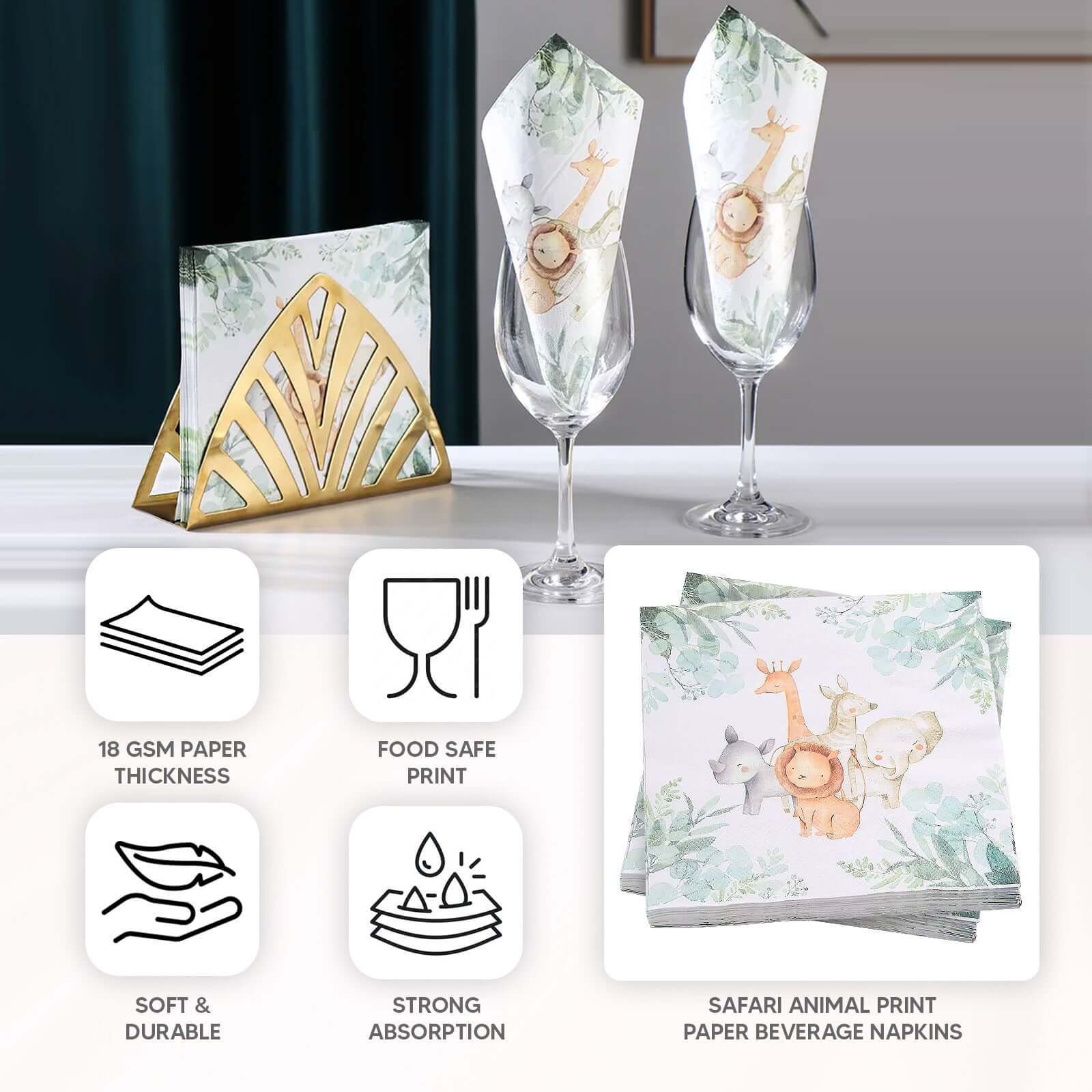 20-Pack Paper Beverage Napkins with Safari Animal Print - Jungle Theme 2 Ply Disposable Party Napkins 5"x5" 18GSM