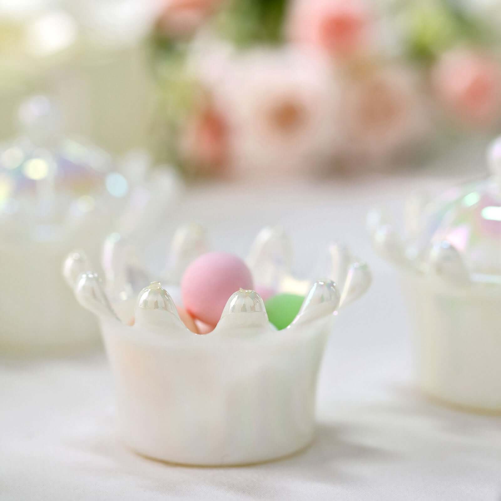 12 Pack 3" White Fillable Mini Crown Treat Favor Boxes, Small Candy Container Gift Boxes With Iridescent Dome Lids