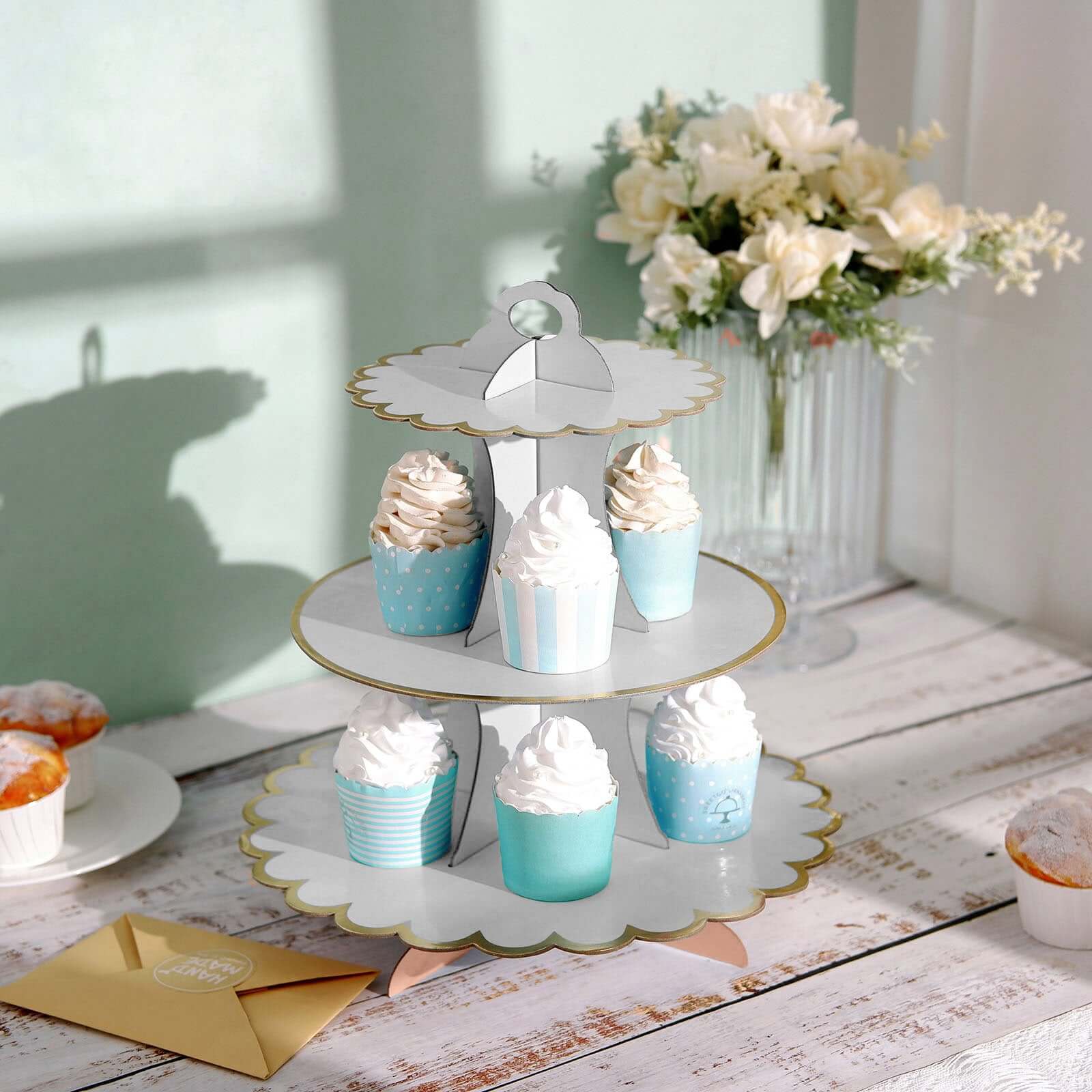 3-Tier Cardboard Cupcake Stand White - Sturdy & Collapsible Dessert Treat Tower with Gold Scalloped Rim for Baby Shower Wedding & Party Decor 13"