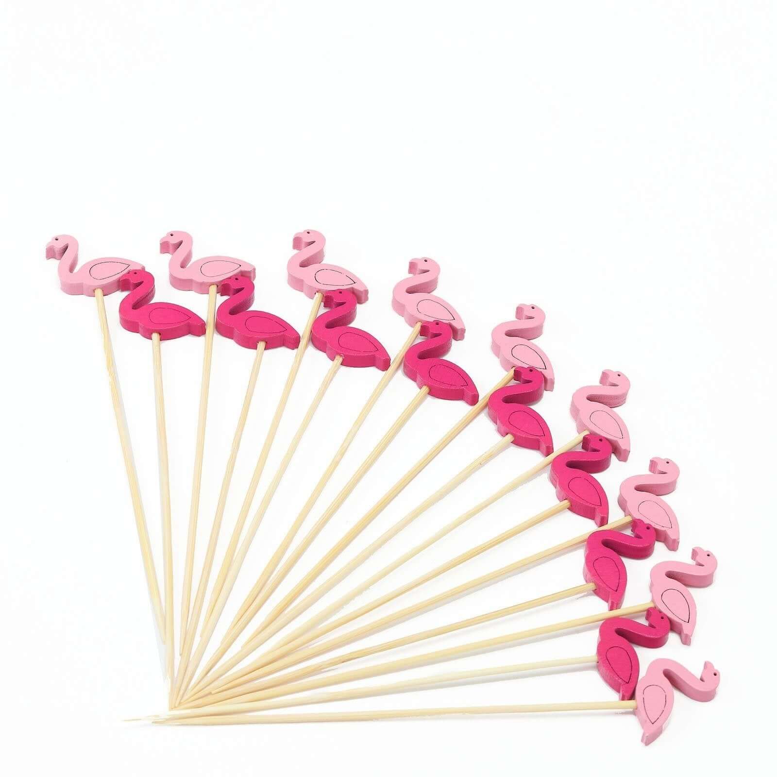 100-Pack Bamboo Cocktail Sticks Flamingo Decorative Top Design Fuchsia/Hot Pink - Eco Friendly Party Picks 5"