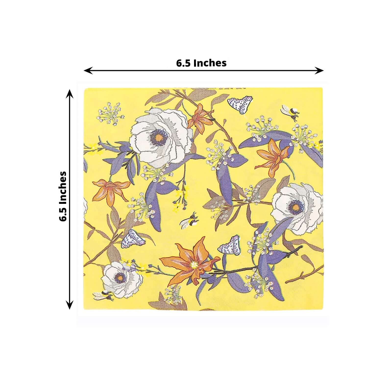 50-Pack Paper Beverage Napkins with Blooming Flowers Design Yellow - 2 Ply Soft 18GSM Floral Wedding Napkins 6.5"x6.5"