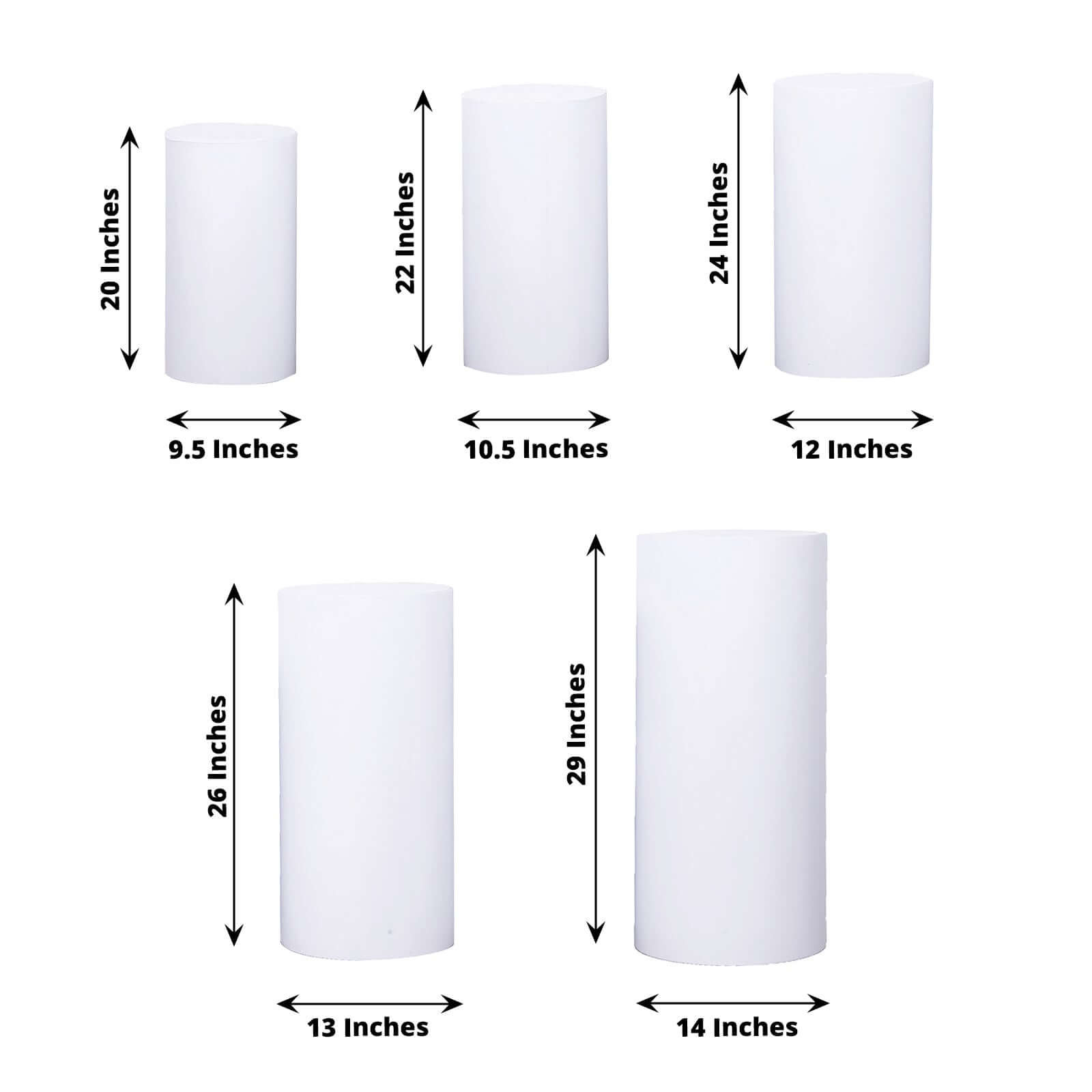 Set of 5 White Metal Cylinder Pillar Prop Stands For Wedding Aisle, Round Plinth Pedestal Display Boxes - 20",22",24",26",30"