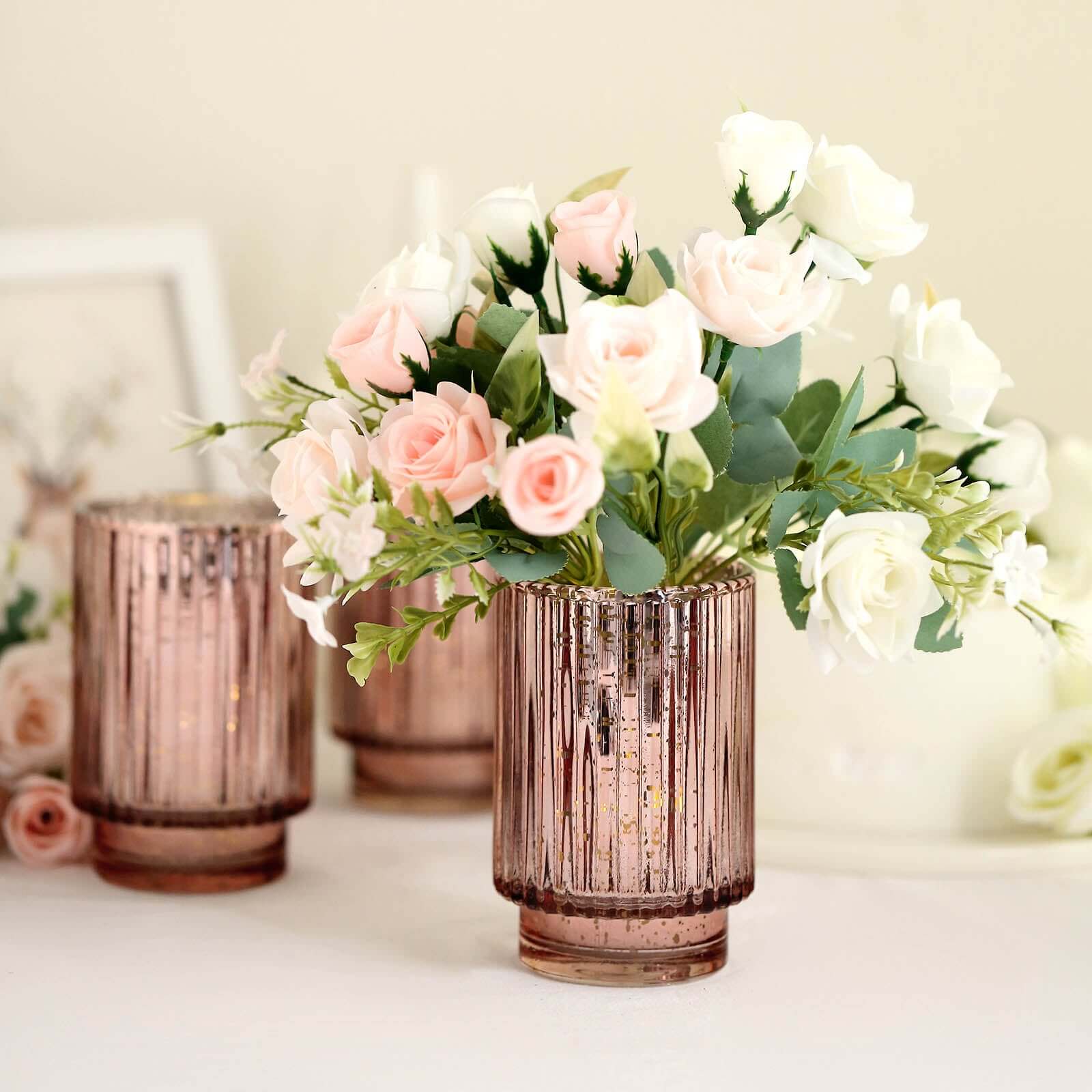 3-Pack Mercury Glass Hurricane Candle Holders Rose Gold Wavy Column Design - Votive Pillar Vase 5"