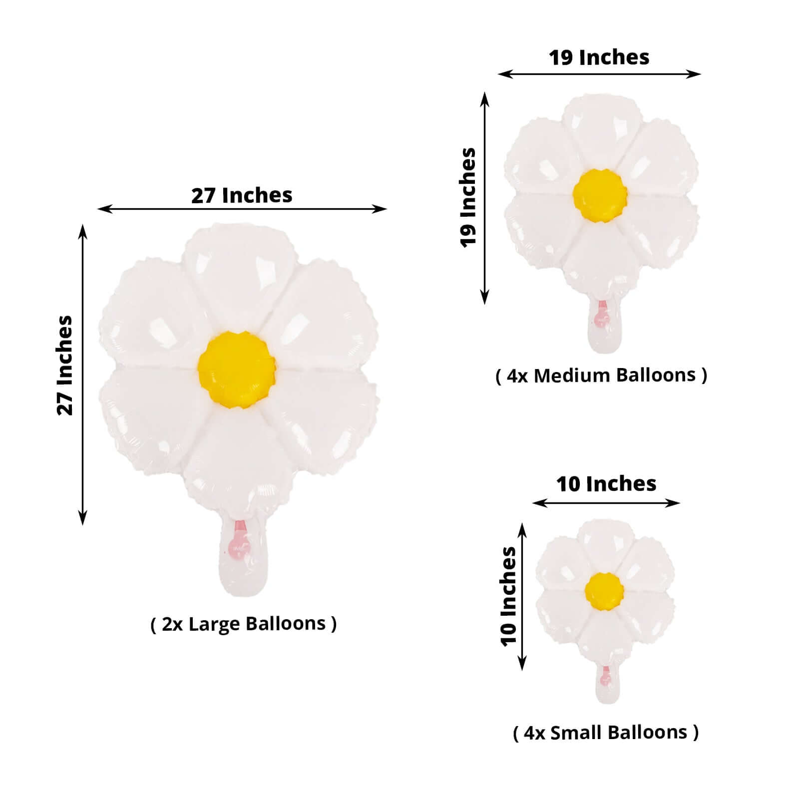 Set of 10 White Daisy Flower-Shaped Mylar Foil Balloons, Assorted Floral Balloon Party Decorations with Balloon Dots - 10", 19", 27"
