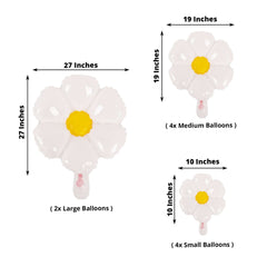 Set of 10 White Daisy Flower-Shaped Mylar Foil Balloons, Assorted Floral Balloon Party Decorations with Balloon Dots - 10", 19", 27"