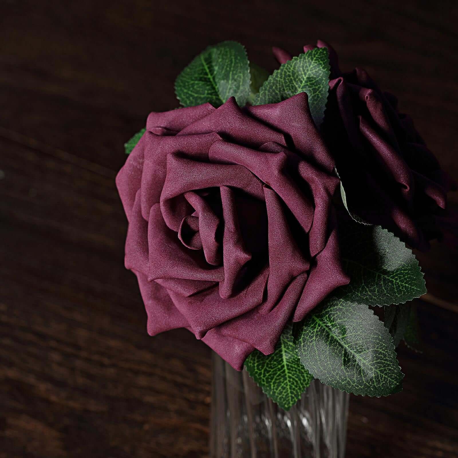 24 Roses 5" Eggplant Artificial Foam Flowers With Stem Wire and Leaves