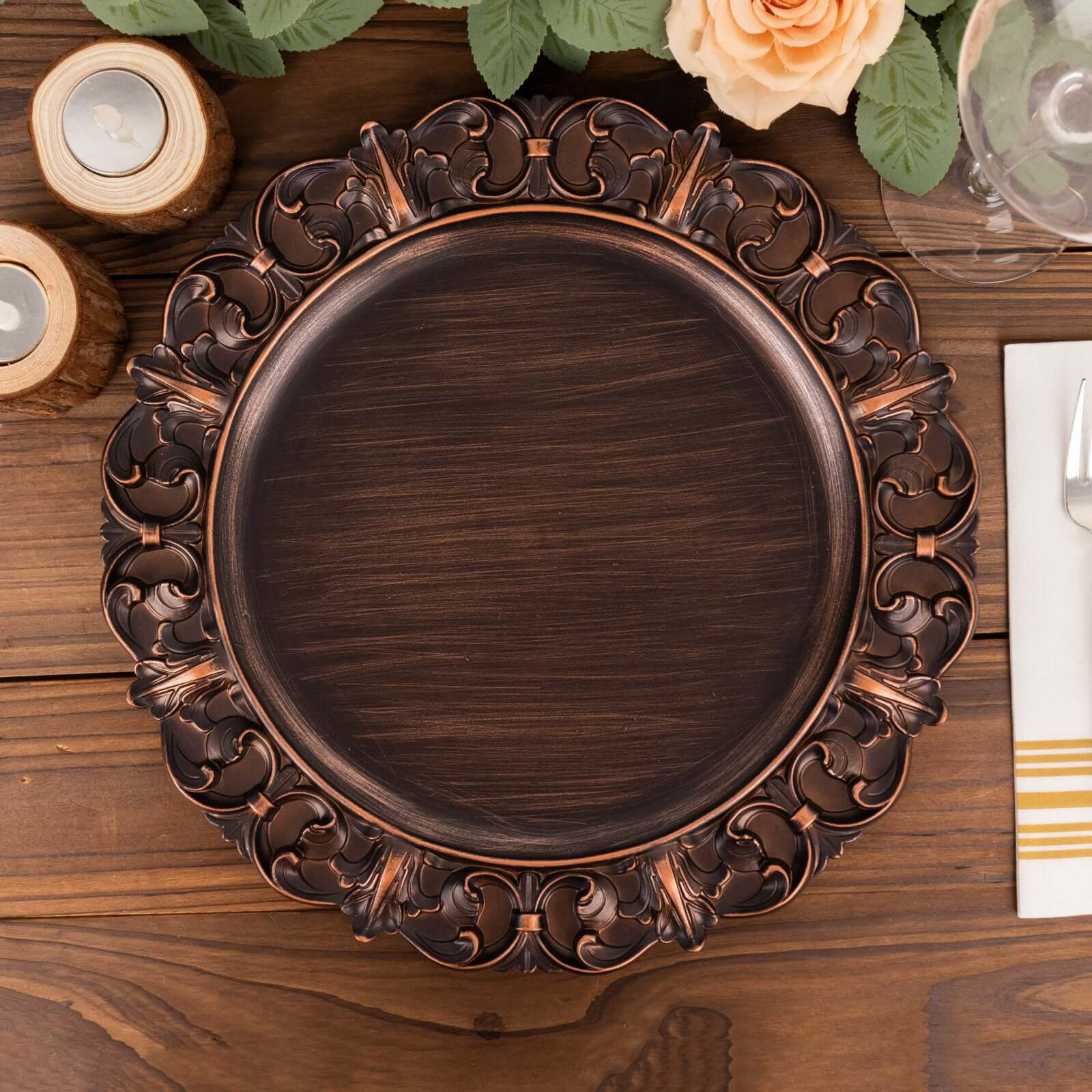 6-Pack Acrylic Round Charger Plates 13" in Dark Brown with Aristocrat Retro Baroque Rim, Ornate Plastic Decorative Chargers