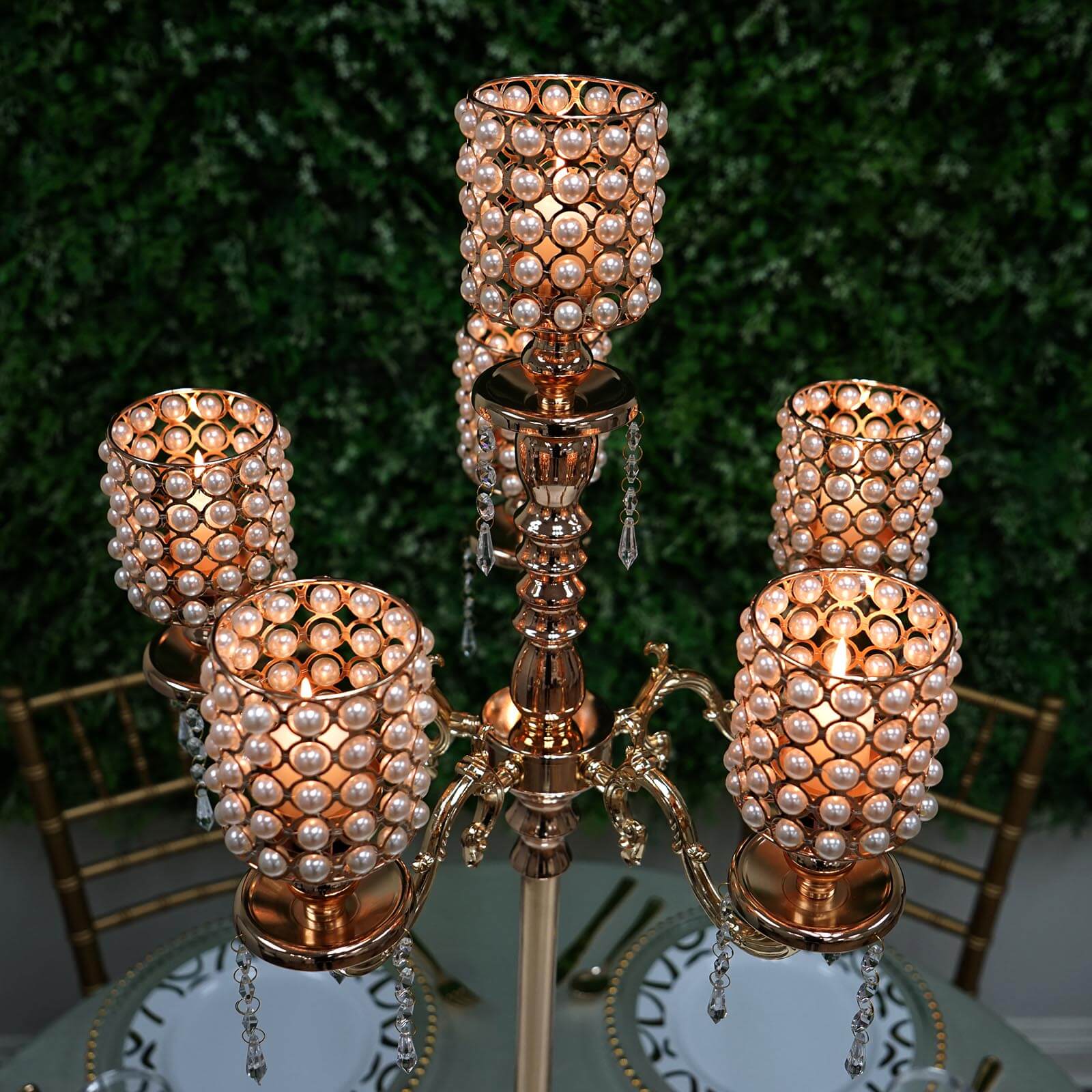 Metal Pearl Beaded Candelabra in Gold 6-Arm - Stylish Table Centerpiece with Crystal Chandelier Pendants
