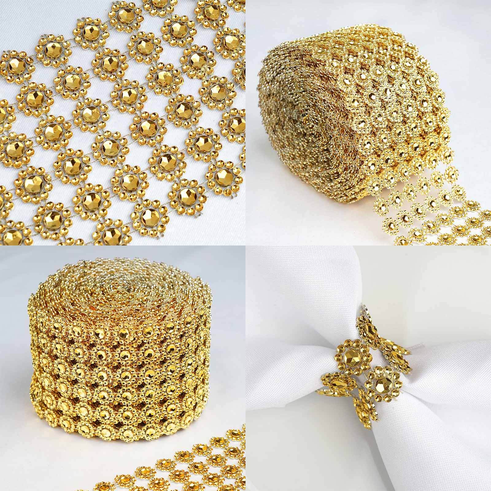 4"x10 Yards Gold Fleur Diamond Rhinestone Ribbon Wrap Roll, DIY Craft Ribbon
