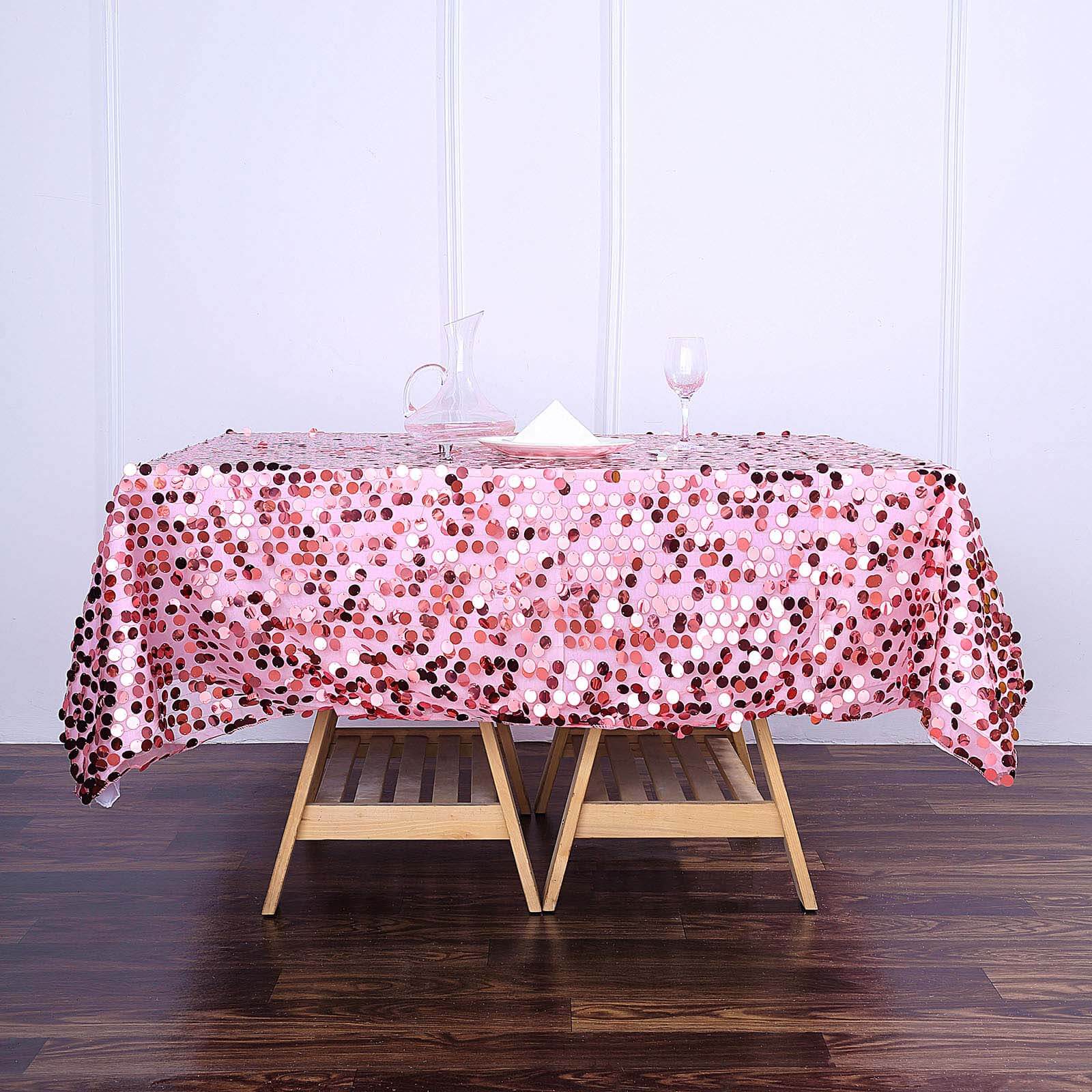 72"x72" Pink Big Payette Sequin Square Table Overlay