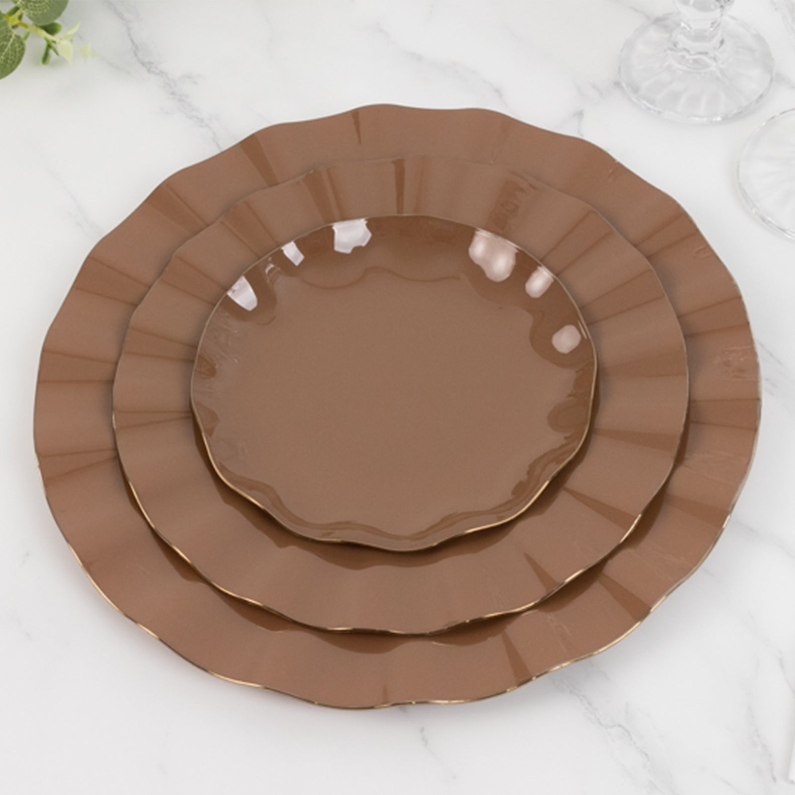 10-Pack Plastic Round 6" Dessert Plates in Coffee Brown Ruffled Rim with Gold Edging - Sturdy Disposable Salad Appetizer Dinnerware