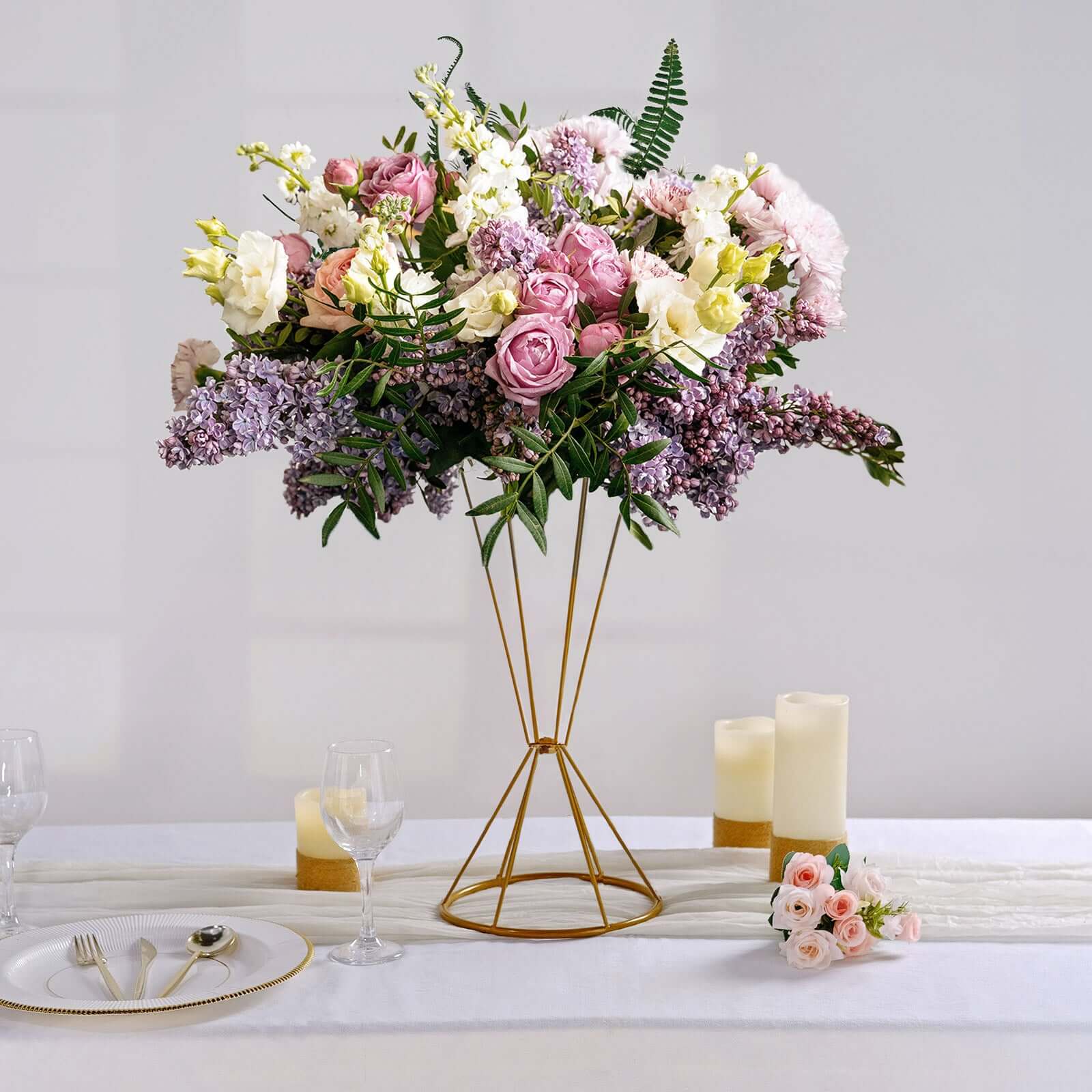 20" Dual Cone Reversible Gold Metal Geometric Flower Stand, Wedding Vase Pedestal, Column Centerpiece