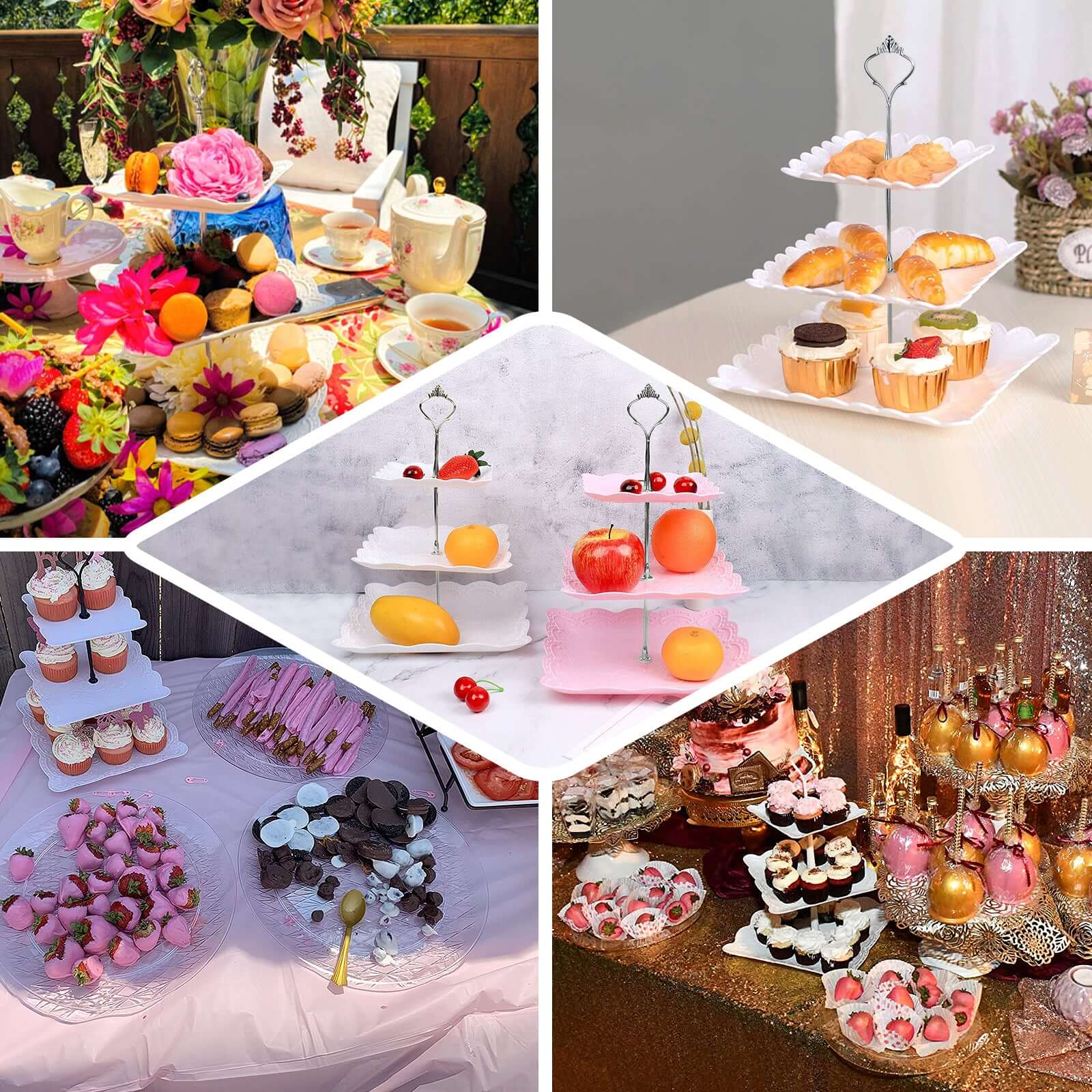 3-Tier Plastic Square Cupcake Stand Tower White - Charming Easy to Assemble Dessert Display Serving Tray Platter with Floral Embossed Scalloped Rim & Silver Handle for Tea Parties Weddings & Special Occasions 13"