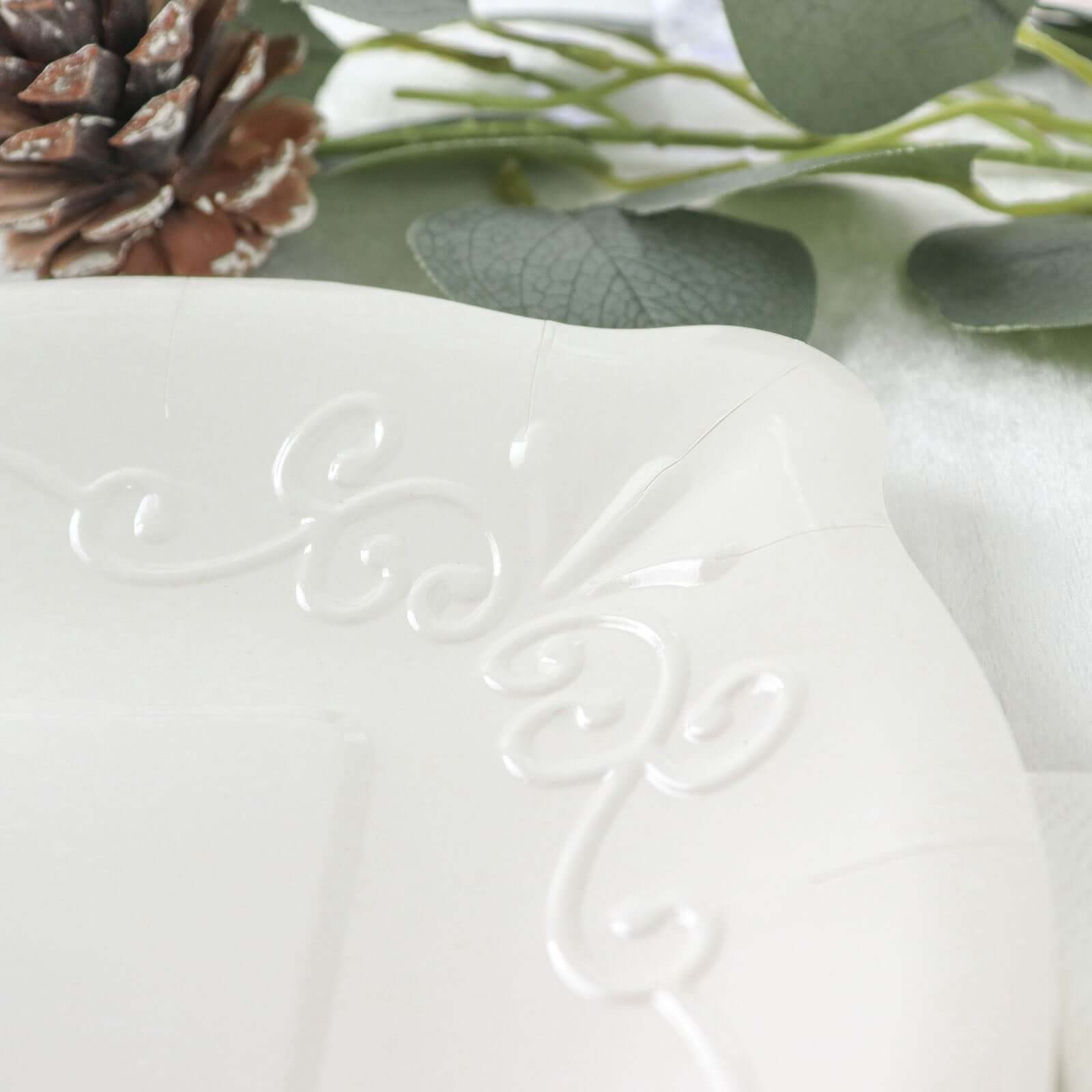25-Pack Paper 7" Square Dessert Plates in White with Vintage Pottery Embossed Design - Shiny Disposable Appetizer Plates