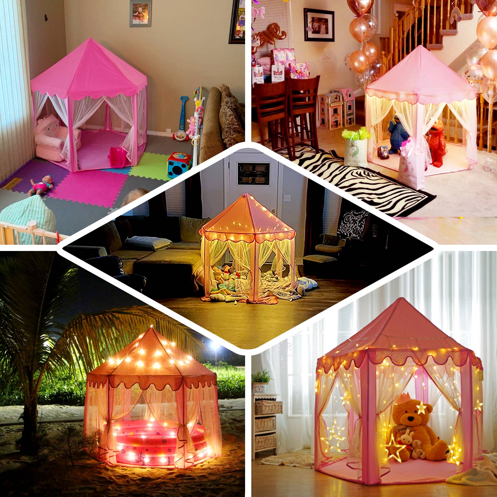 4.5Ft Pink Princess Castle Play House Tent with Star LED Garlands and Carry Bag