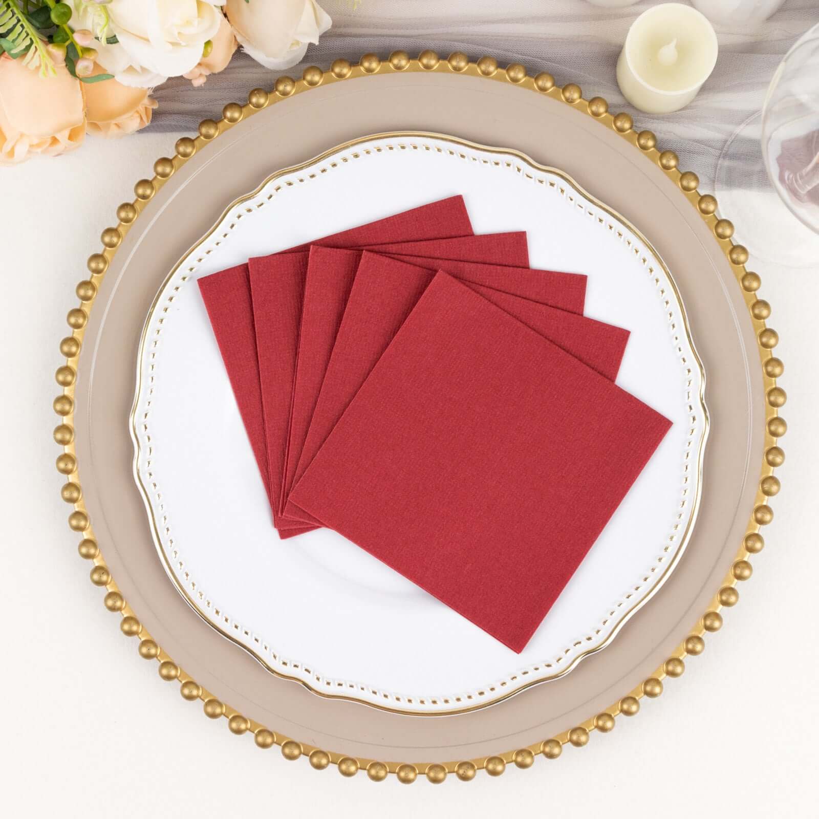 20-Pack Paper Linen-Like Cocktail Napkins Burgundy - Disposable 5"x5" Airlaid Soft Napkins