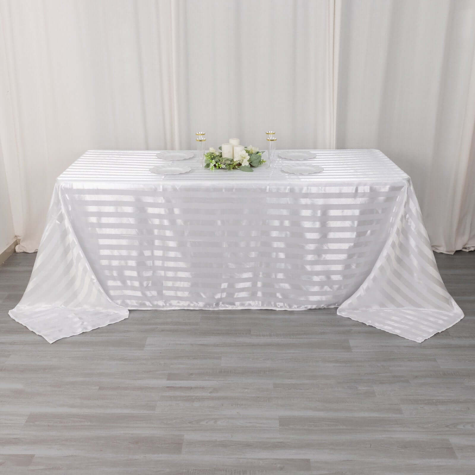 Satin Striped 90"x132" Rectangular Tablecloth White Satin Stripe - Seamless Silky Smooth Wedding Decor