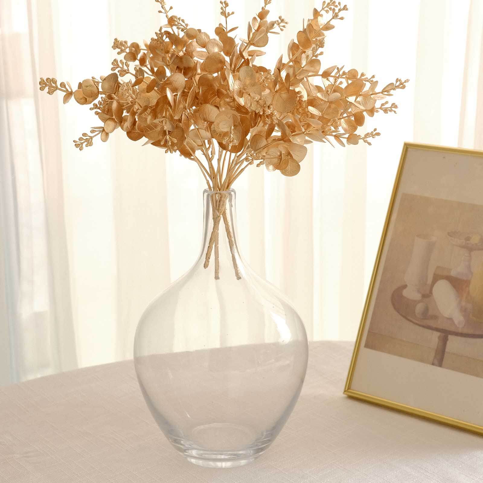 4-Pack Artificial Eucalyptus Leaves Decor Metallic Gold - Vibrant Faux Plant Spray Bush for Bridal Bouquets Floral Arrangements & Event Styling 12"