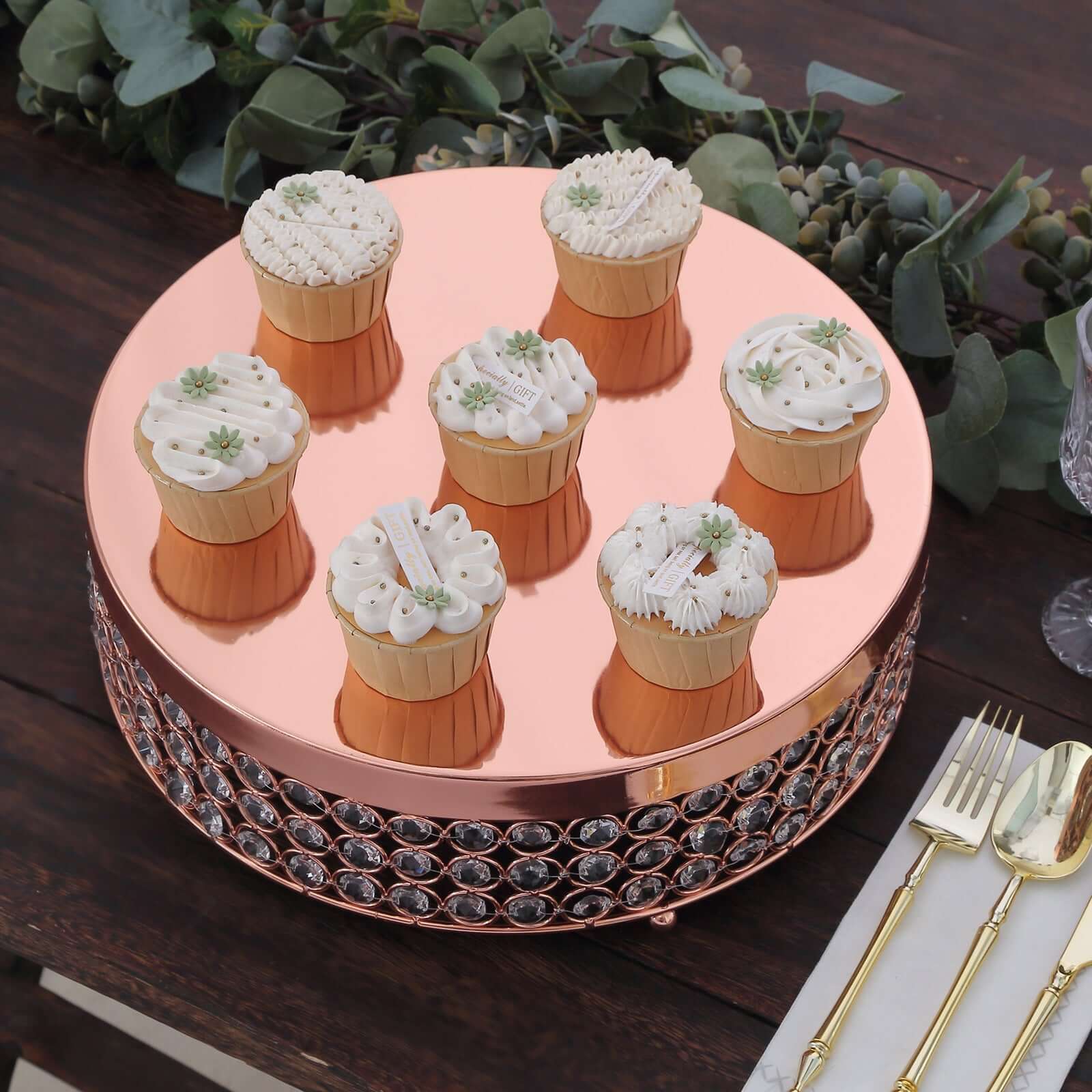 Metal Cake Stand Pedestal Crystal Beaded Design Rose Gold - Cupcake Display and Dessert Riser 13"