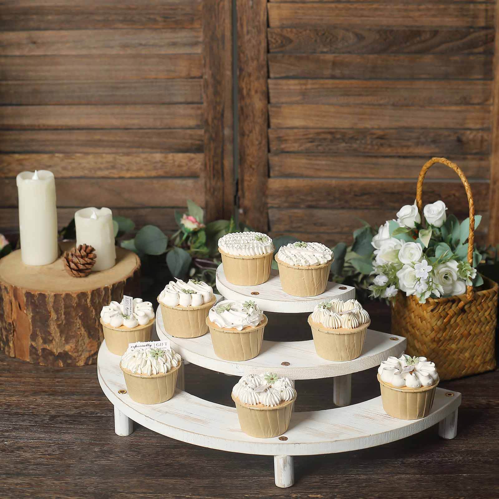 Set of 3 Wooden Dessert Pedestals Rustic Whitewashed 3-Tier Semicircle Design - Half Moon Cupcake Display Risers 7", 13", 18"