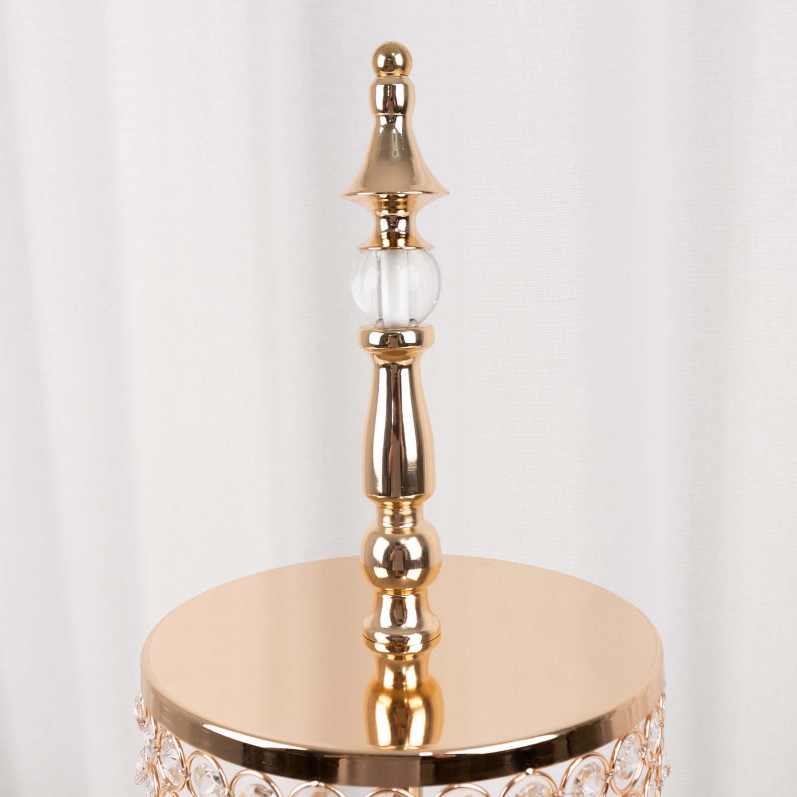 3-Tier Cake Stand Crystal Beaded Gold with Round Mirror Top - Metal Cupcake Tower Dessert Display 26"