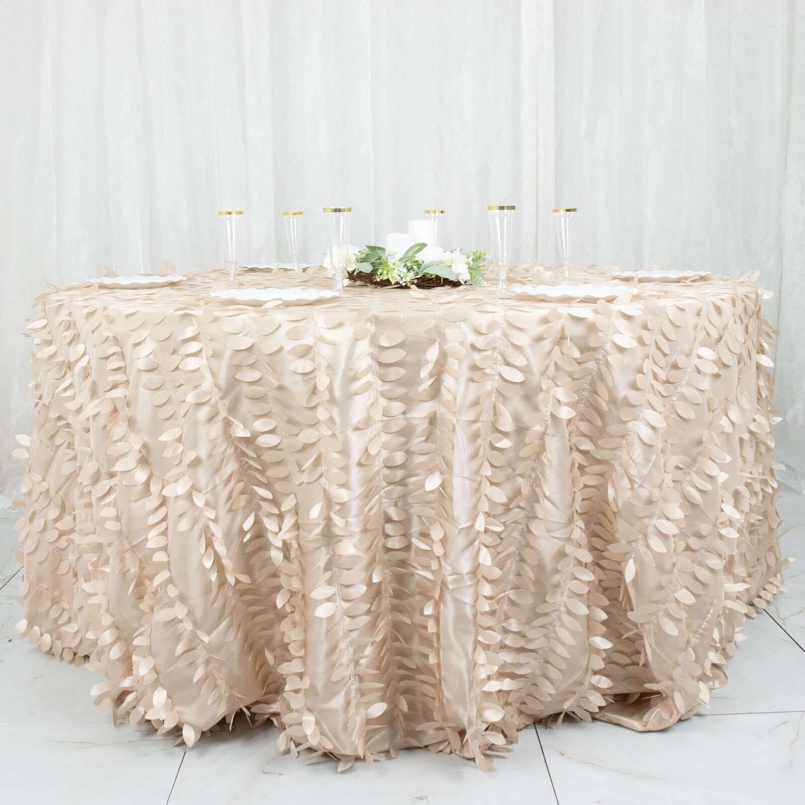 Taffeta 132" Round Tablecloth Beige 3D | 3D Leaf Petal Design Seamless Table Cover