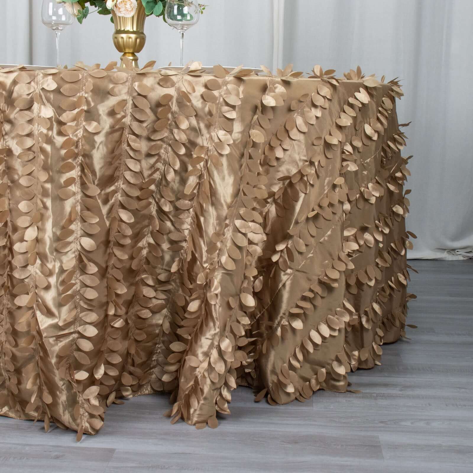 Taffeta 120" Round Tablecloth Taupe Leaf | 3D Leaf Petal Design Seamless Table Cover