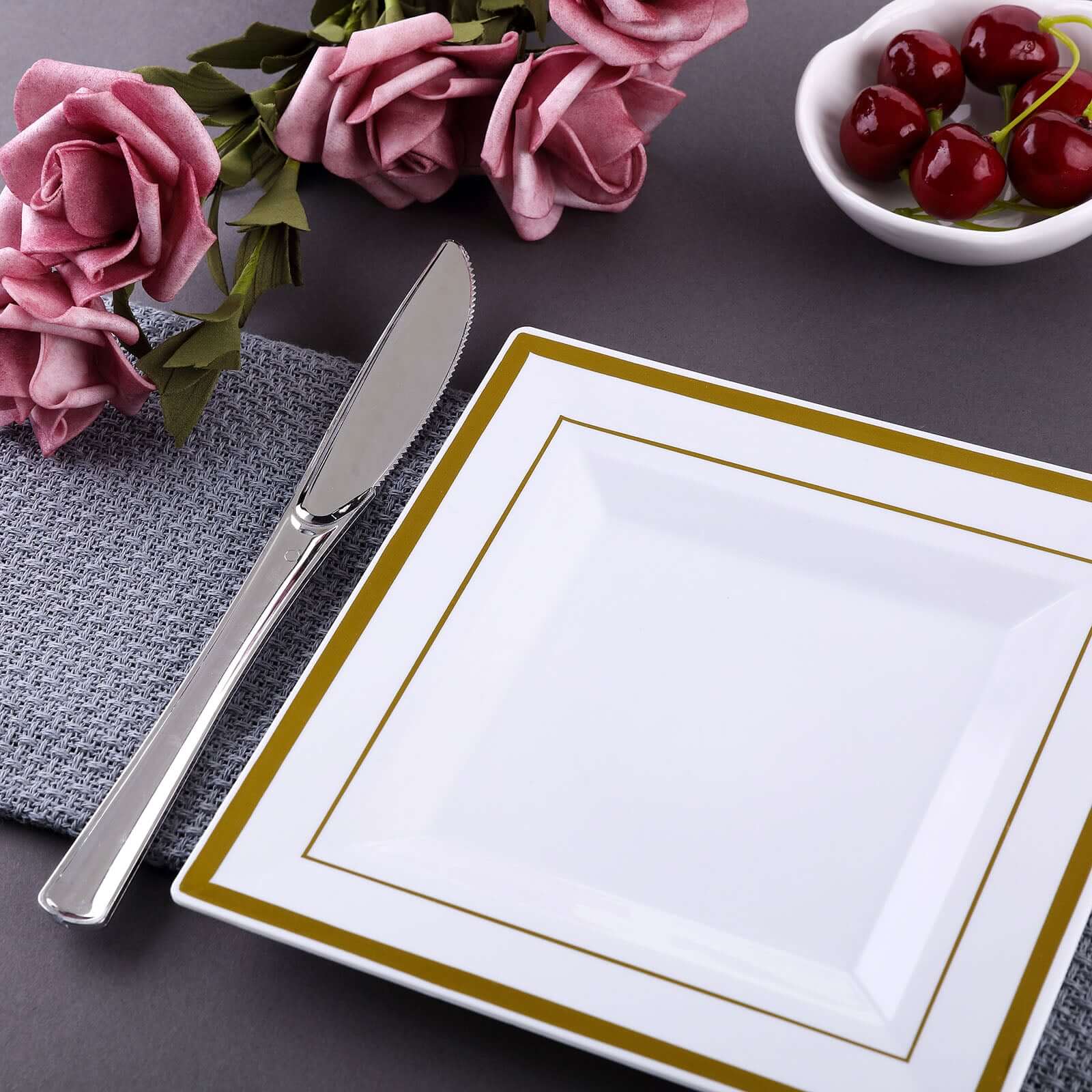 10-Pack Plastic Salad Dessert Plates White Square with Gold Trim - Durable Disposable Appetizer Plates 7"