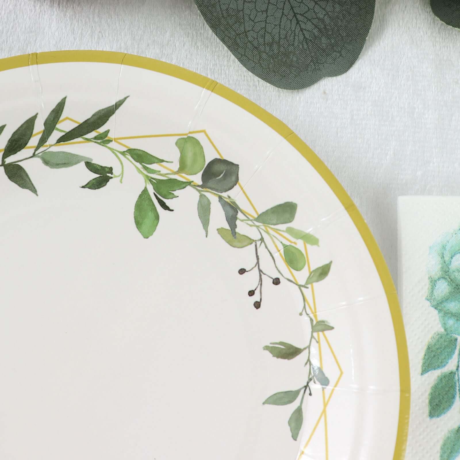24-Pack Paper 7" Round Dessert Plates in White with Eucalyptus Leaves & Gold Rim - Disposable 300GSM Salad Plates for Garden Weddings & Celebrations