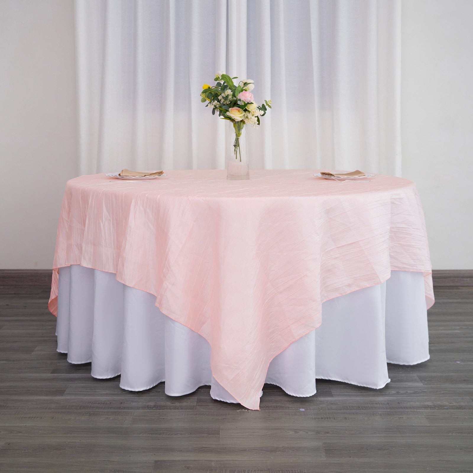 Taffeta 90"x90" Table Overlay Square Tablecloth Blush- Accordion Crinkle Table Cover