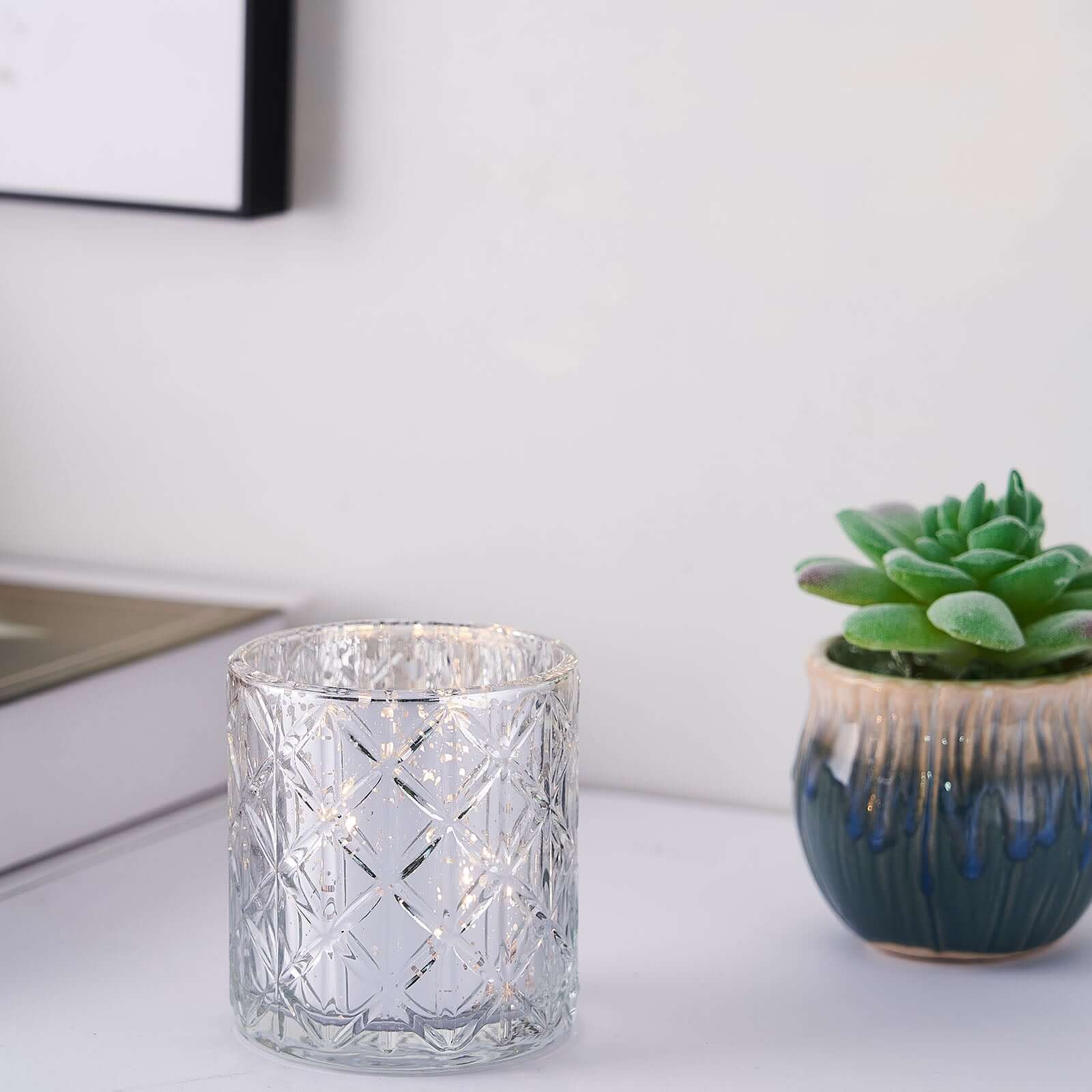 6-Pack Mercury Glass Candle Holders Shiny Silver with Geometric Design - Votive Tealight Holders 3"
