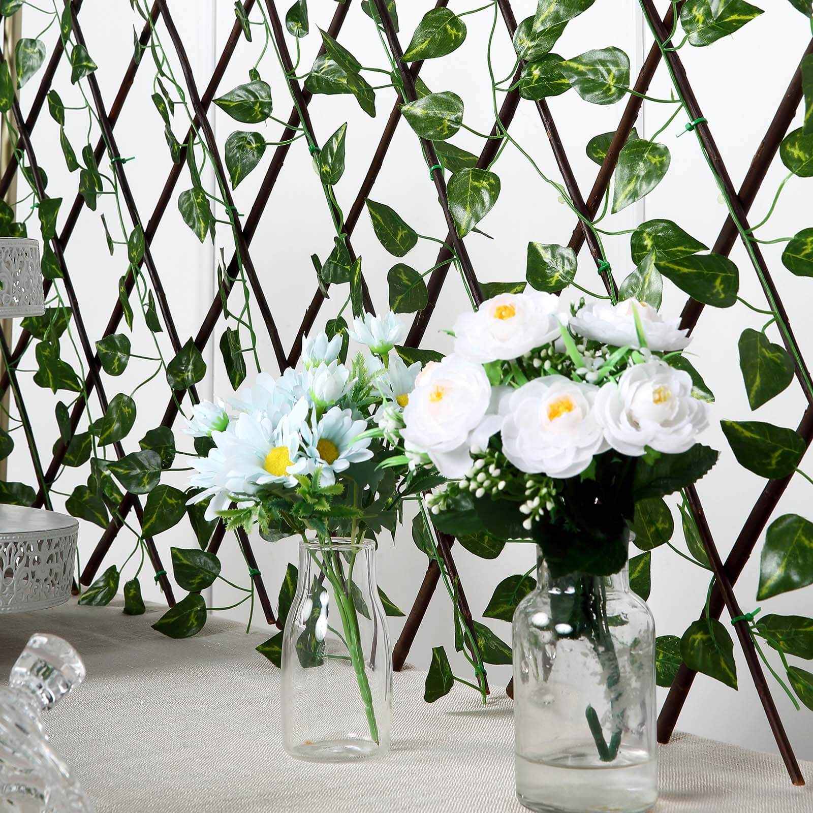 17"x95" Expandable Wooden Lattice Fence With Artificial Ivy Leaf Trellis Vines, Accordion Backdrop Fencing