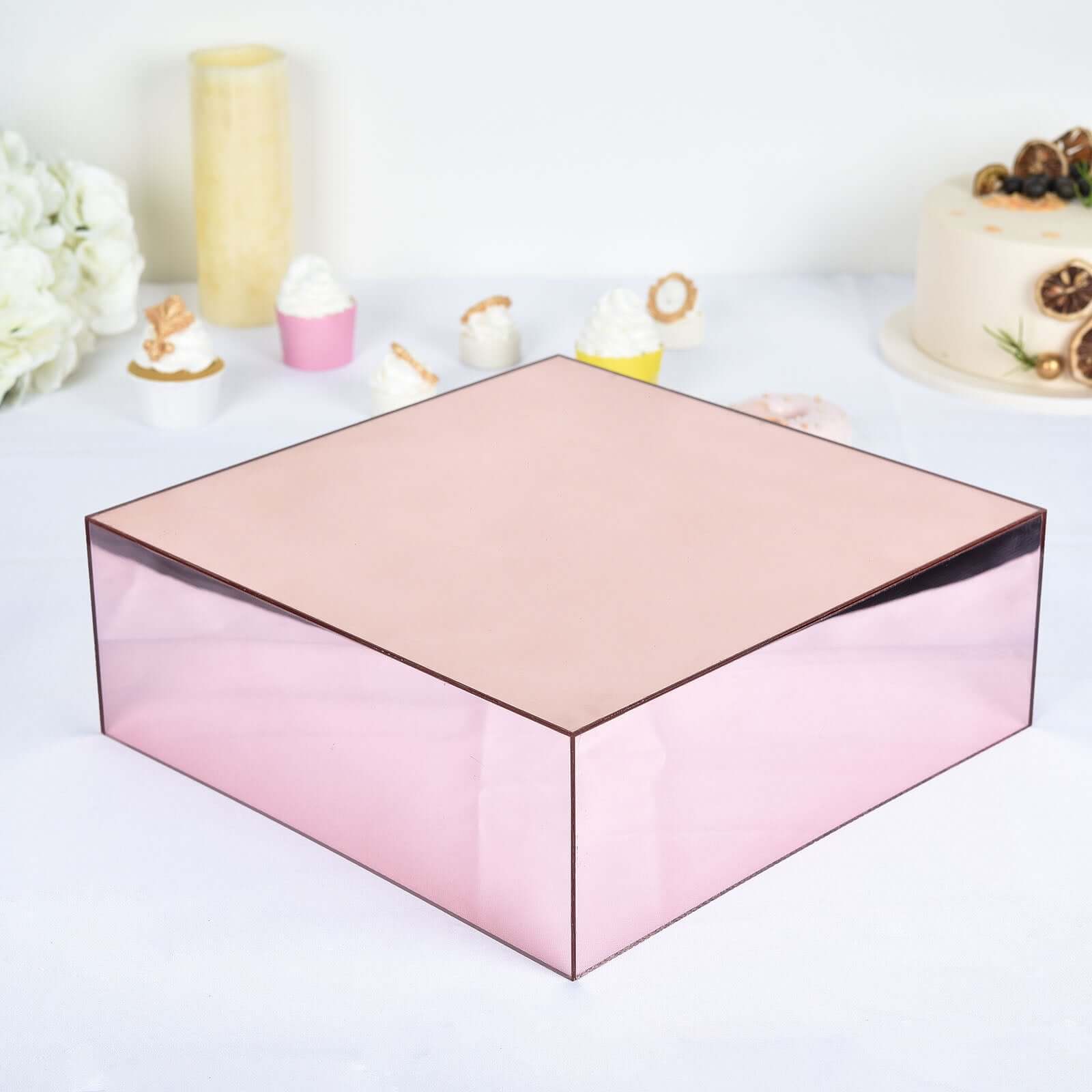 Acrylic Cake Box Stand Pedestal Riser Mirror Finish Rose Gold - Display for Desserts and Events 14"x14"