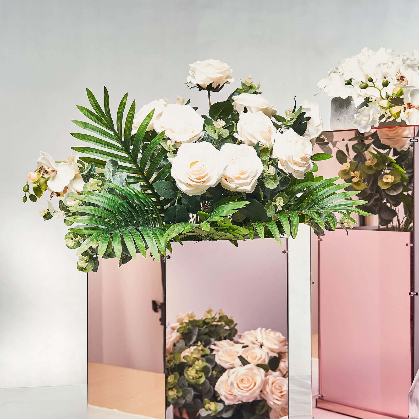 Set of 5 Rose Gold Mirror Finish Acrylic Display Boxes, Pedestal Risers with Interchangeable Lid and Base - 12",16",24",32",40"
