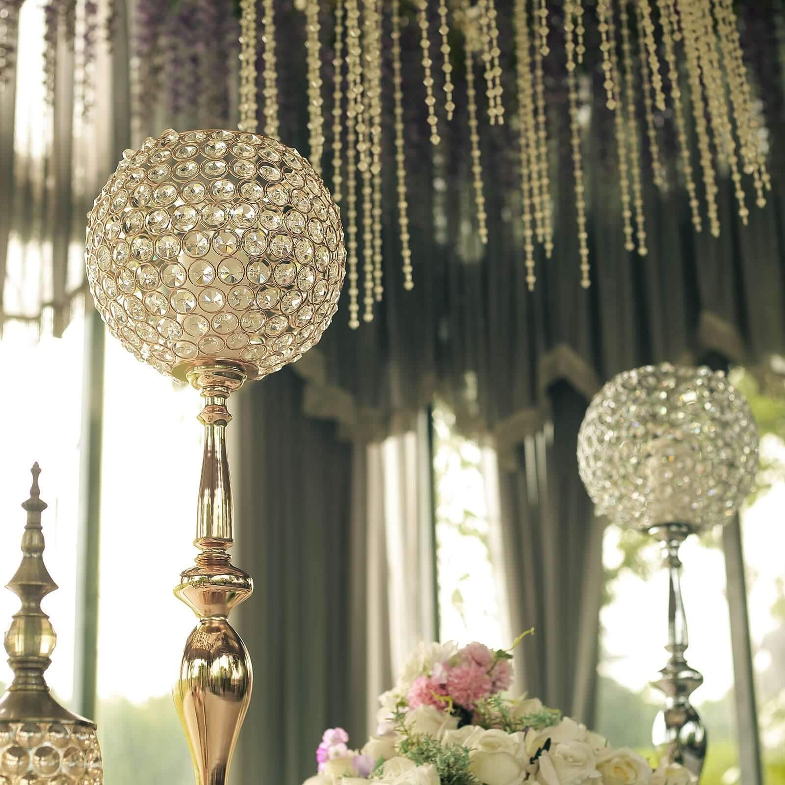 Acrylic Crystal Beaded Goblet Candle Holder Gold - Exquisite Flower Ball Centerpiece Stand for High-End Event Styling 30"